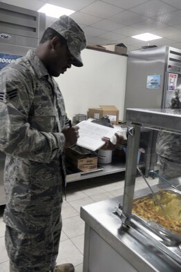 Senior Airman Levar Kinard, services journeyman with the 380th Expeditionary Force Support Squadron, works in Roy's flight kitchen in the operations area for the 380th Air Expeditionary Wing at a non-disclosed base in Southwest Asia on April 15, 2010. the 380th EFSS, as part of the 380th Air Expeditionary Wing, supports operations Iraqi Freedom and Enduring Freedom and the Combined Joint Task Force-Horn of Africa. Airman Kinard is deployed from the 108th Force Support Squadron at Joint Base McGuire-Dix-Lakehurst, N.J., and his hometown is Mount Holly, N.J. (U.S. Air Force Photo/Master Sgt. Scott T. Sturkol/Released)