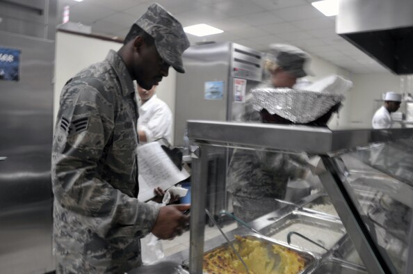Senior Airman Levar Kinard, services journeyman with the 380th Expeditionary Force Support Squadron, works in Roy's flight kitchen in the operations area for the 380th Air Expeditionary Wing at a non-disclosed base in Southwest Asia on April 15, 2010. the 380th EFSS, as part of the 380th Air Expeditionary Wing, supports operations Iraqi Freedom and Enduring Freedom and the Combined Joint Task Force-Horn of Africa. Airman Kinard is deployed from the 108th Force Support Squadron at Joint Base McGuire-Dix-Lakehurst, N.J., and his hometown is Mount Holly, N.J. (U.S. Air Force Photo/Master Sgt. Scott T. Sturkol/Released)