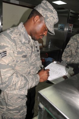 Senior Airman Levar Kinard, services journeyman with the 380th Expeditionary Force Support Squadron, works in Roy's flight kitchen in the operations area for the 380th Air Expeditionary Wing at a non-disclosed base in Southwest Asia on April 15, 2010. the 380th EFSS, as part of the 380th Air Expeditionary Wing, supports operations Iraqi Freedom and Enduring Freedom and the Combined Joint Task Force-Horn of Africa. Airman Kinard is deployed from the 108th Force Support Squadron at Joint Base McGuire-Dix-Lakehurst, N.J., and his hometown is Mount Holly, N.J. (U.S. Air Force Photo/Master Sgt. Scott T. Sturkol/Released)