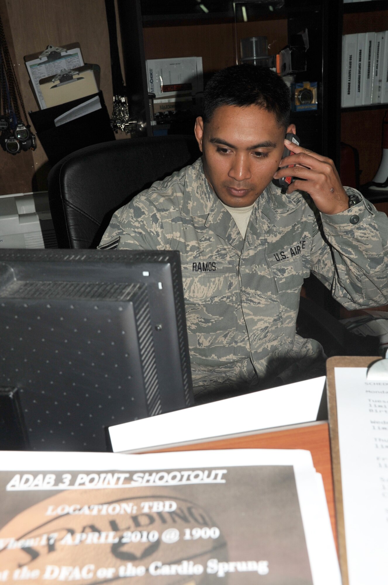Staff Sgt. Gavin Ramos, services journeyman with the fitness center for the 380th Expeditionary Force Support Squadron, works at the fitness center at a non-disclosed base in Southwest Asia on April 14, 2010. Sergeant Ramos is deployed from the 154th Force Support Squadron at Hickam Air Force Base, Hawaii, and his hometown is Kapolei, Hawaii. (U.S. Air Force Photo/Master Sgt. Scott T. Sturkol/Released)