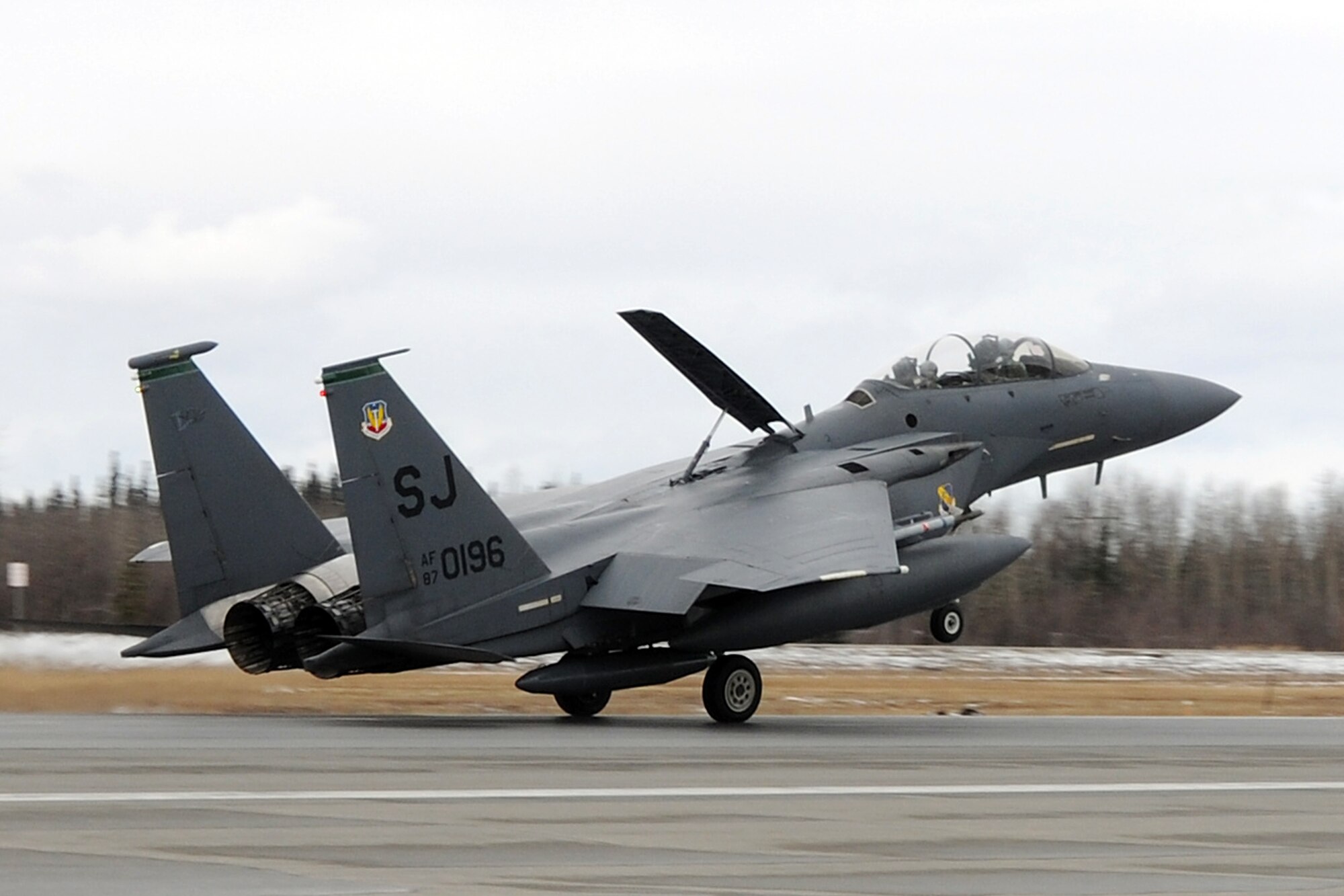 An F-15E Strike Eagle from Seymour Johnson Air Force Base, N.C., lands at Eielson AFB, Alaska, April 13, 2010, for Red Flag-Alaska 10-2.  Red Flag-Alaska allows aircrews to practice large-scale combat missions over the Pacific Alaskan Range Complex with air operations flown out of Eielson AFB and Elmendorf AFB, Alaska.  (U.S. Air Force photo/Staff Sgt. Tia Wilson)