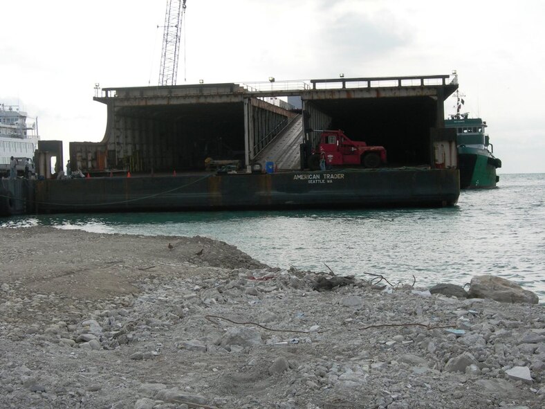 PORT-AU-PRINCE, Haiti -- A vessel waits here in April to be loaded with supplies from the 823rd Expeditionary Security Forces Squadron. Deployed from Moody, the squadron was tasked to provide security at the Toussaint L'Ouverture International Airport in Port-au-Prince, Haiti. It took dozens of servicemembers approximately 15 hours to load 184 tons of the 823rd ESFS’s cargo onto the ship to be transported back to the United States. (Contributed photo/RELEASED)