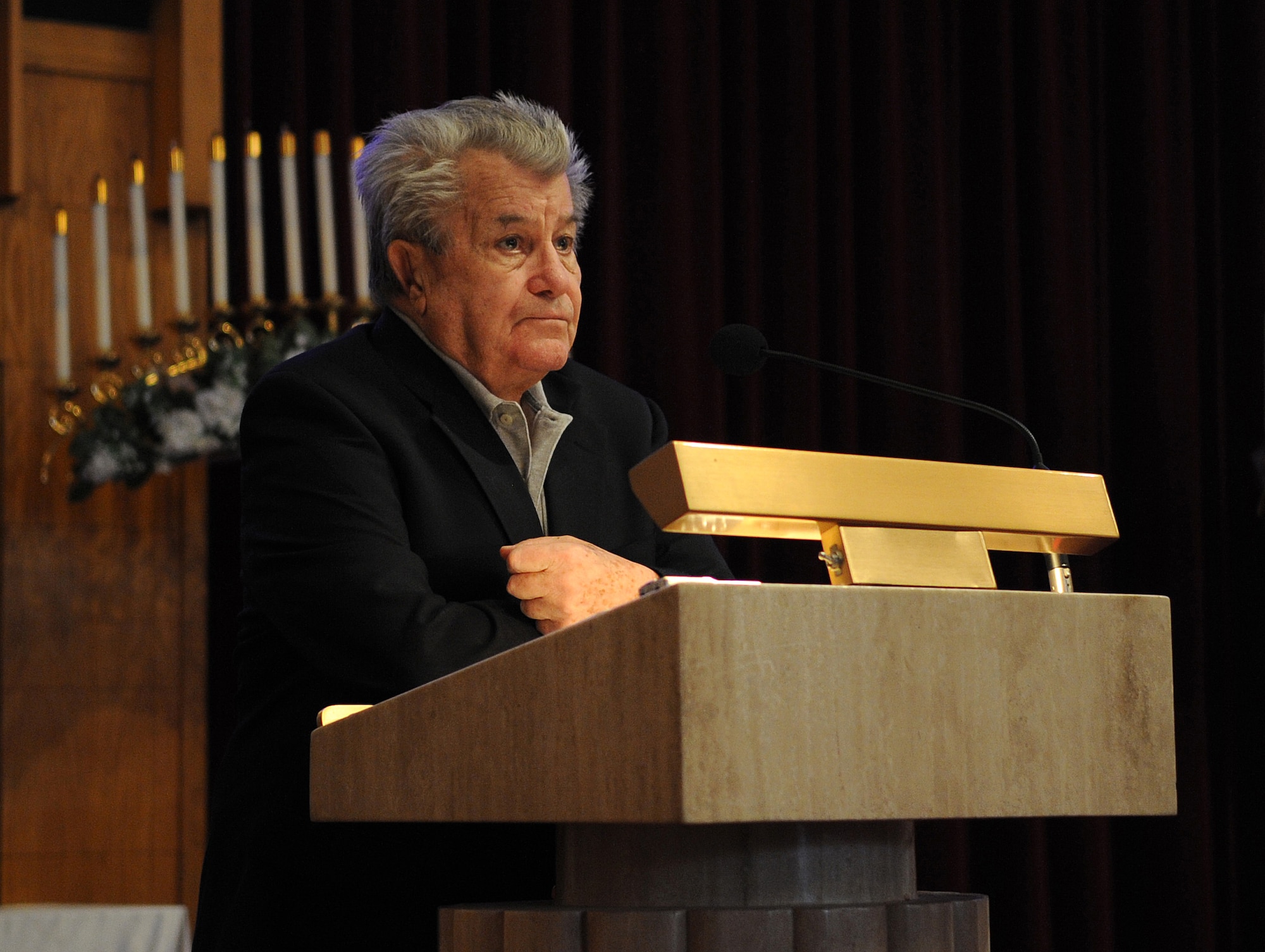 HOLLOMAN AIR FORCE BASE, N.M. -- Ted Lehman, a survivor of the German concentration camp, Auschwitz, during the Holocaust and U.S. Army veteran, speaks about his experiences during the annual Holocaust Remembrance ceremony April 6, 2010, at the base chapel. Mr. Lehman was born in 1927 in Sosnowiec, Poland, and experienced the transformation of his country under the Nazi regime until he immigrated to the United States in 1947. (U.S. Air Force photo by Airman 1st Class Sondra Escutia / Released)
