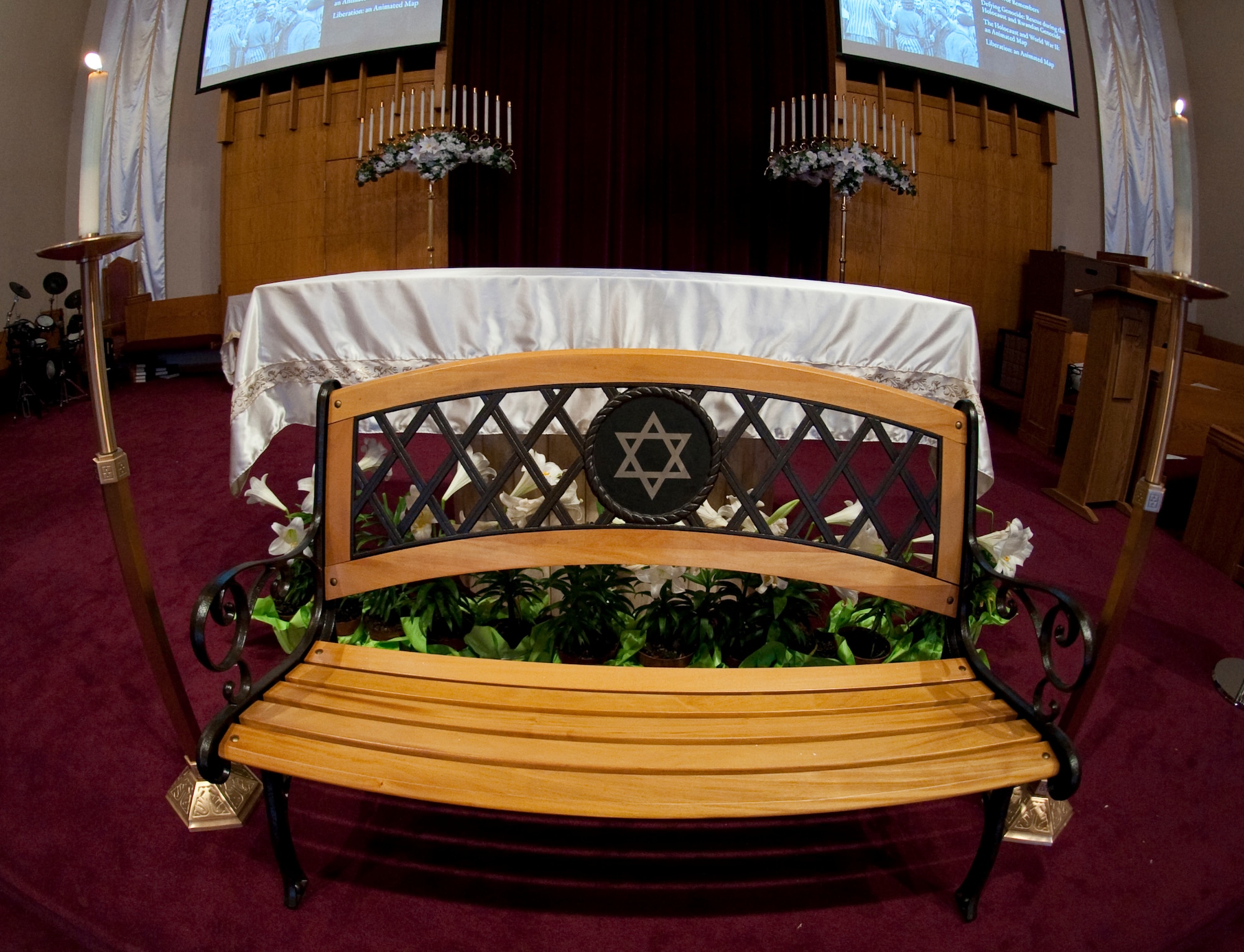 HOLLOMAN AIR FORCE BASE, N.M. -- A bench featuring the Star of David sits on display during the annual Holocaust Remembrance ceremony at the base chapel April 6, 2010, commemorating the victims of the Holocaust -- the persecution and extermination of European Jews by Nazi Germany during World War II. The bench was dedicated by the chapel to increase awareness of the Holocaust and will be placed on the chapel grounds to signify the event. (U.S. Air Force photo by Airman 1st Class Sondra Escutia/Released)
