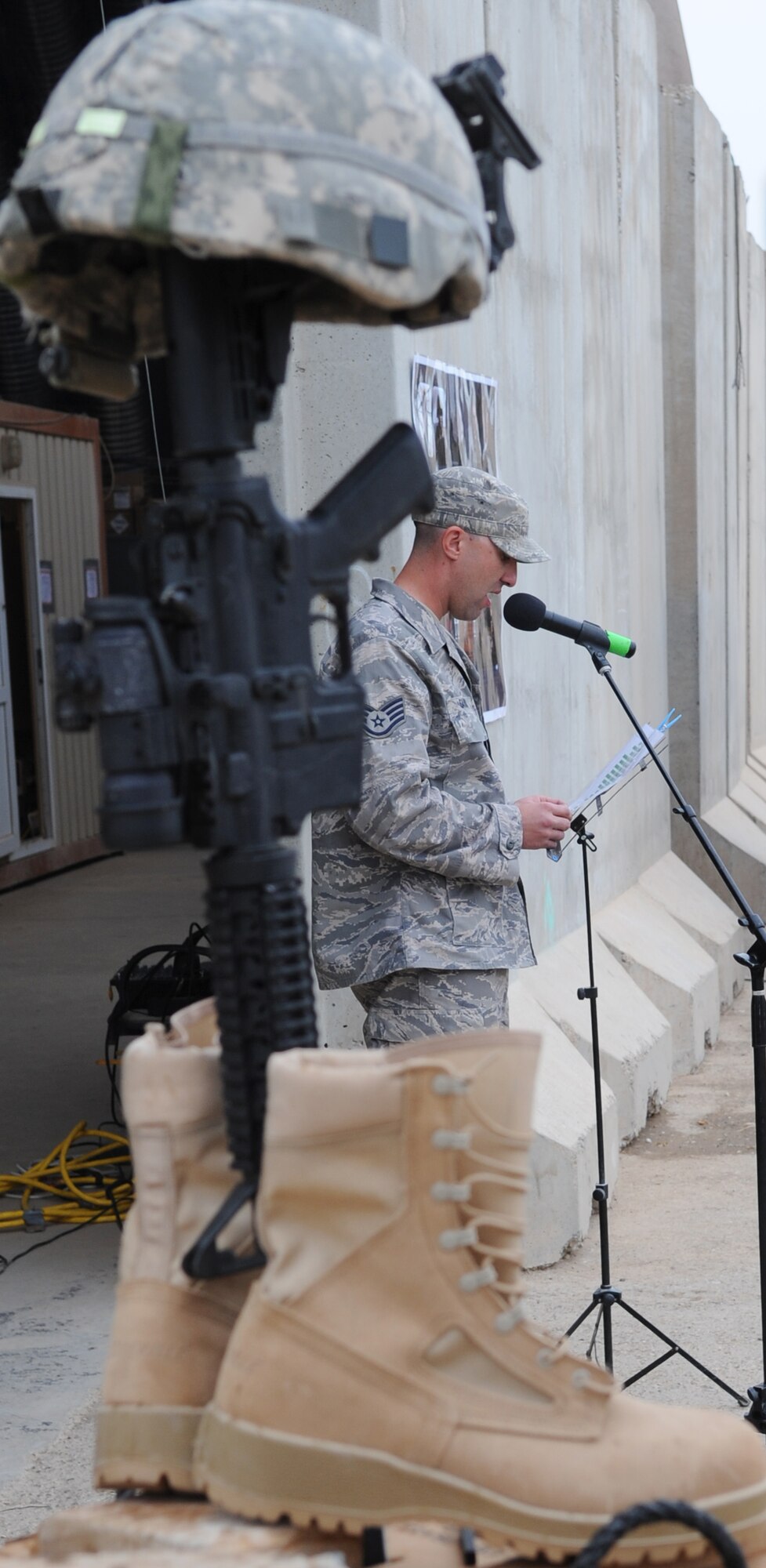 The 506th Explosive Ordnance Disposal Company, commemorates their fallen EOD
brethren during the 41st Annual EOD Memorial Ceremony at Kirkuk Regional Air
Base, Iraq on April 17, 2010.  A "final roll call" was held for EOD
technicians killed in action during the year.  In addition to the unit
members and base leadership, six members of the Iraqi Police Counter
Explosives Team attended the event. (U.S. Air Force photo/Staff Sgt. Tabitha
Kuykendall/Released)
