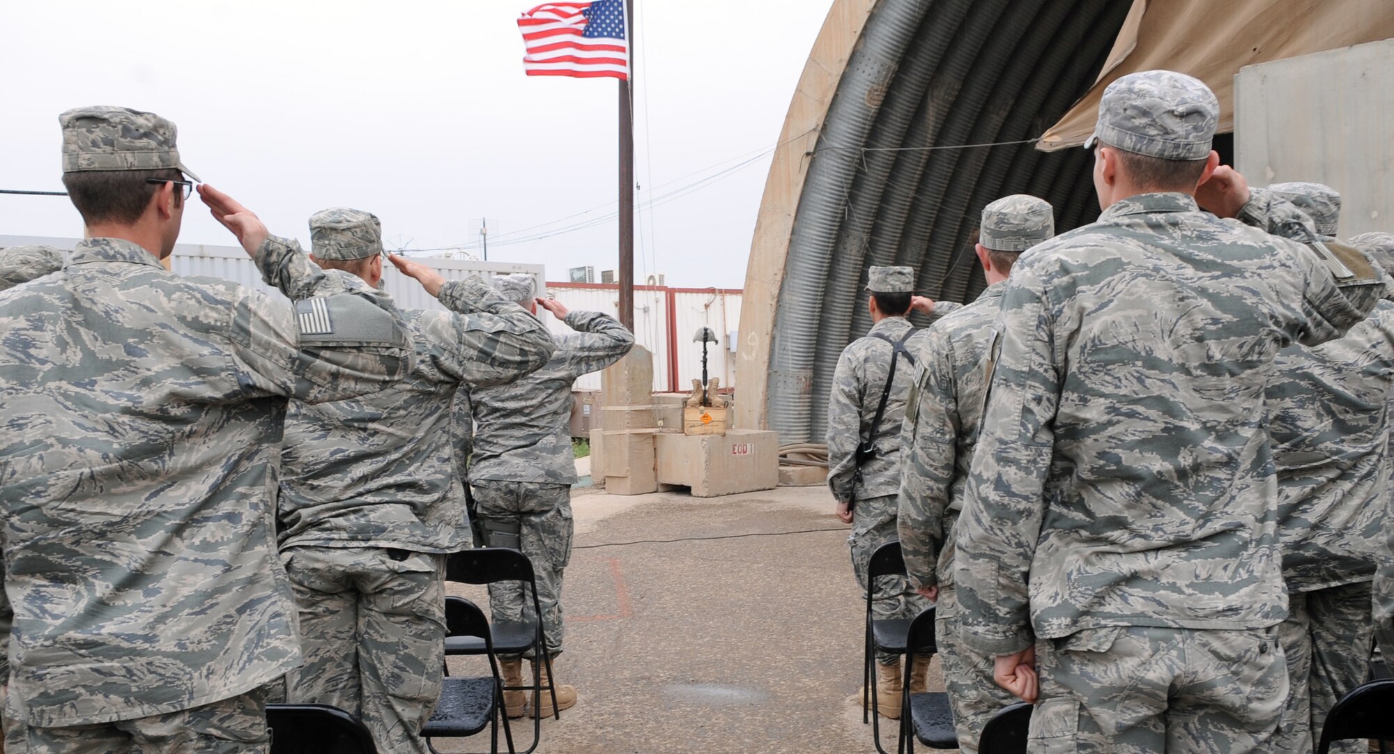 The 506th Explosive Ordnance Disposal Company, commemorates their fallen EOD
brethren during the 41st Annual EOD Memorial Ceremony at Kirkuk Regional Air
Base, Iraq on April 17, 2010.  A "final roll call" was held for EOD
technicians killed in action during the year.  In addition to the unit
members and base leadership, six members of the Iraqi Police Counter
Explosives Team attended the event. (U.S. Air Force photo/Staff Sgt. Tabitha
Kuykendall/Released)
