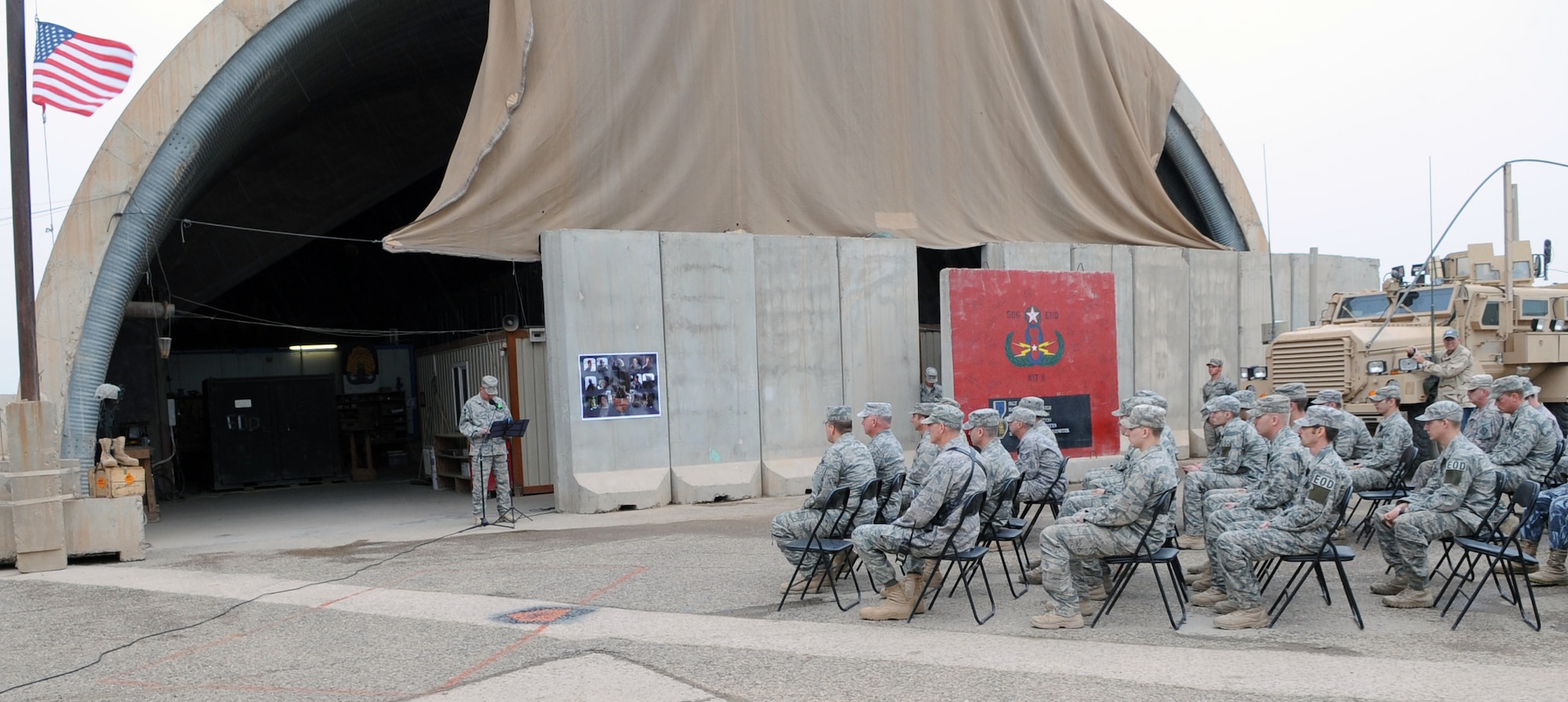 The 506th Explosive Ordnance Disposal Company, commemorates their fallen EOD
brethren during the 41st Annual EOD Memorial Ceremony at Kirkuk Regional Air
Base, Iraq on April 17, 2010.  A "final roll call" was held for EOD
technicians killed in action during the year.  In addition to the unit
members and base leadership, six members of the Iraqi Police Counter
Explosives Team attended the event. (U.S. Air Force photo/Staff Sgt. Tabitha
Kuykendall/Released)
