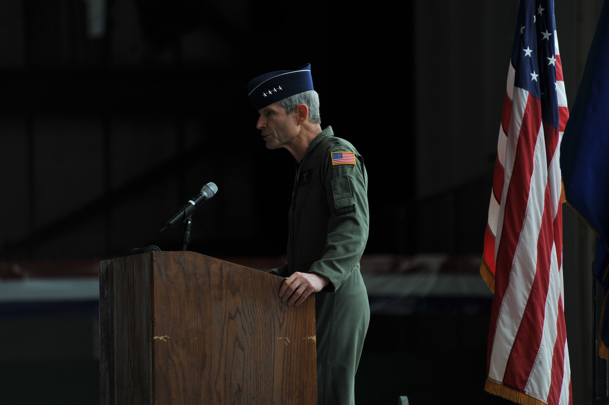 Air Force Chief of Staff Gen. Norton Schwartz speaks during the arrival ceremony at Dyess Air Force Base, Texas, April 16, 2010, following his delivery of a new C-130J Super Hercules to the base. This was the first of 28 C-130Js to be delivered to the 317th Airlift Group there. (U.S. Air Force photo/Staff Sgt. Desiree Palacios) 