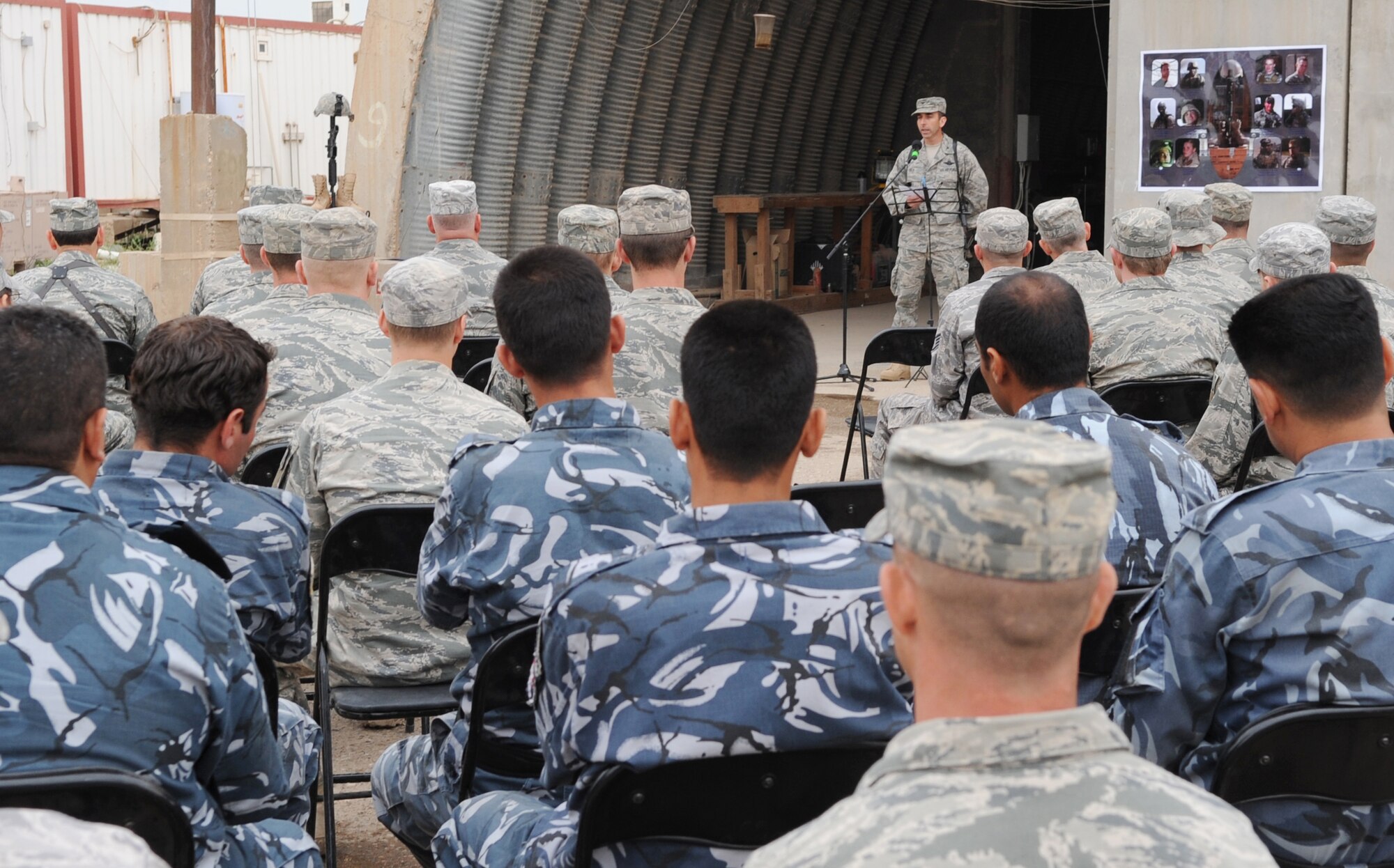 The 506th Explosive Ordnance Disposal Company, commemorates their fallen EOD
brethren during the 41st Annual EOD Memorial Ceremony at Kirkuk Regional Air
Base, Iraq on April 17, 2010.  A "final roll call" was held for EOD
technicians killed in action during the year.  In addition to the unit
members and base leadership, six members of the Iraqi Police Counter
Explosives Team attended the event. (U.S. Air Force photo/Staff Sgt. Tabitha
Kuykendall/Released)
