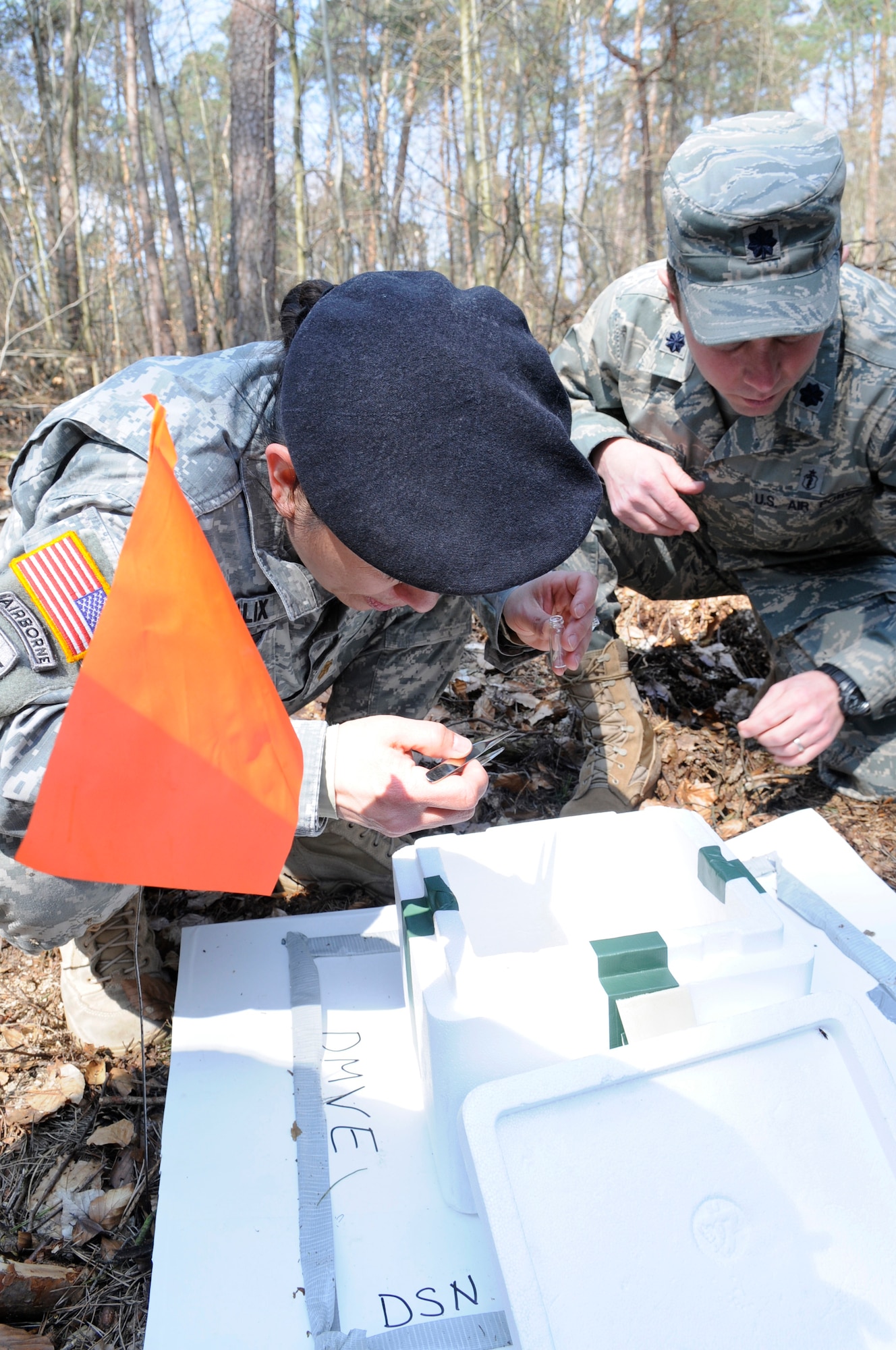 (Left to right) U.S. Army Maj. Lesly Calix, U.S. Army Public Health Command Region-Europe medical entomologist, and U.S. Air Force Lt. Col. Kirk Winger, 86th Aerospace Medical Squadron public health flight commander, look for ticks on a Carbon Dioxide trap, Ramstein Air Base, Germany, April 16, 2010. The 86th AMDS public health flight on Ramstein has been working with the USAPHCEUR to conduct surveillance of tick species and tick-borne pathogens in the area. (U.S. Air Force photo by Airman 1st Class Brittany Perry)