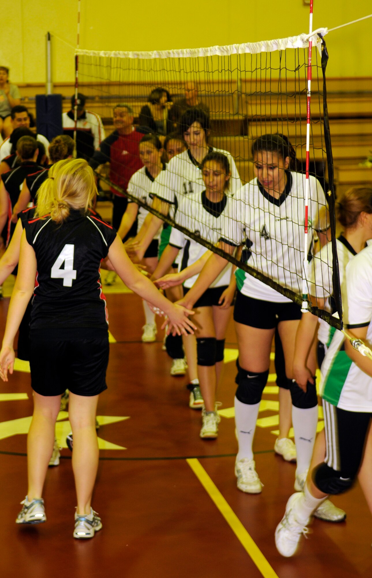 Women from the Incirlik varsity and Cukurova University volleyball teams shake hands after their last game Saturday, April 17, 2010 at Incirlik’s Fitness Center.  This is the second time the Incirlik varsity volleyball teams played the university team.  Both the men’s and women’s teams lost to their university counterparts two games to one.  (U.S. Air Force photo/Staff Sgt. Raymond Hoy)
