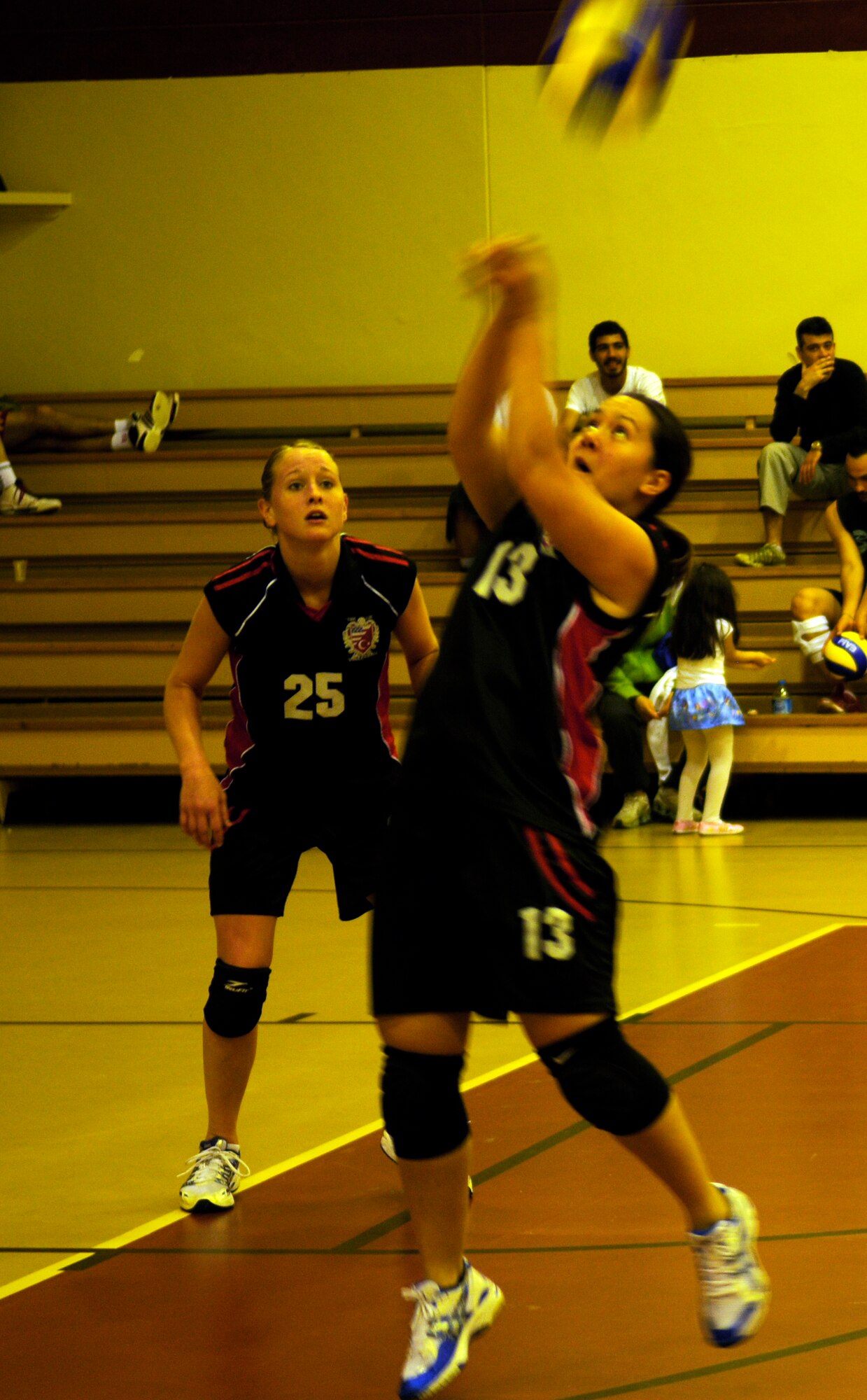 Tech. Sgt. Yvonne Santos, 39th Force Support Squadron, returns the ball during a game against the Cukurova University women’s volleyball team Saturday, April 17, 2010 at Incirlik’s Fitness Center.  This is the second time the Incirlik varsity volleyball teams played the university team.  Both the men’s and women’s teams lost to their university counterparts two games to one.  (U.S. Air Force photo/Staff Sgt. Raymond Hoy)