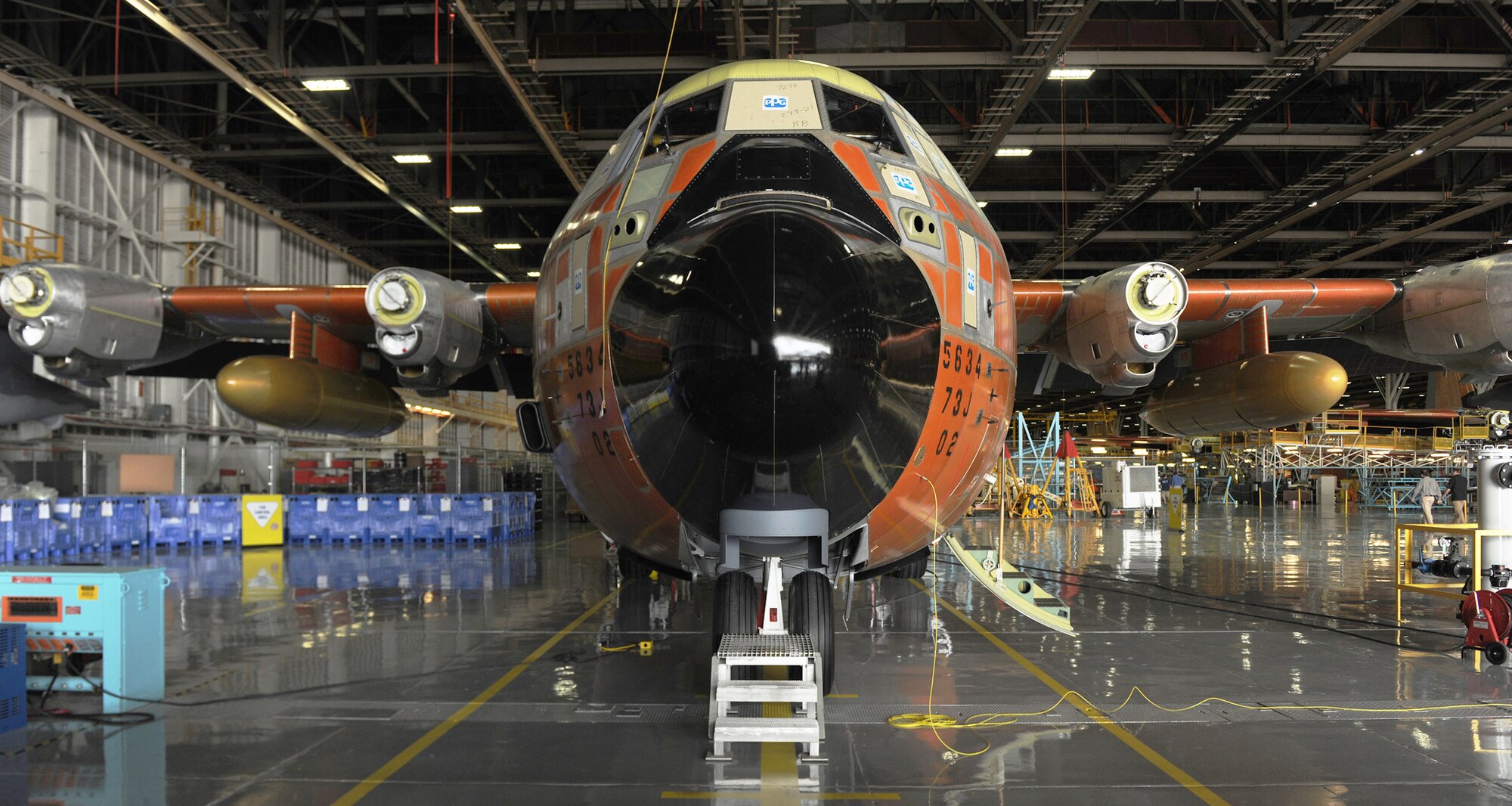 The second HC-130J Super Hercules to be manufactured sits in the final stage of production April 19, 2010, at the Lockheed Martin Aeronautics Company. (U.S. Air Force photo by Airman 1st Class Benjamin Wiseman)