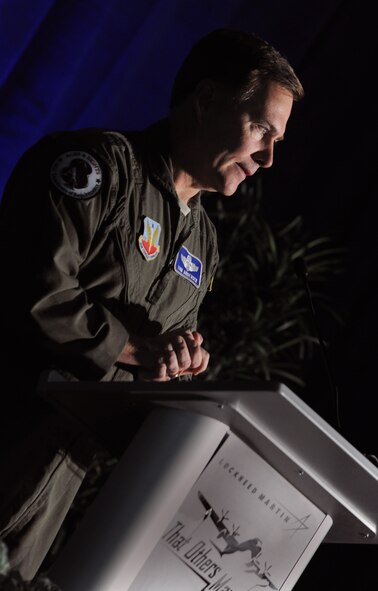 MARIETTA, Ga. -- Maj. Gen. Thomas Andersen, Air Combat Command director of requirements, makes a speech at the unveiling of the new HC-130J Super Hercules aircraft here April 19. The aircraft will be replacing the older model C-130, which is nearly 50 years old. (U.S. Air Force photo by Airman 1st Class Benjamin Wiseman/RELEASED)
