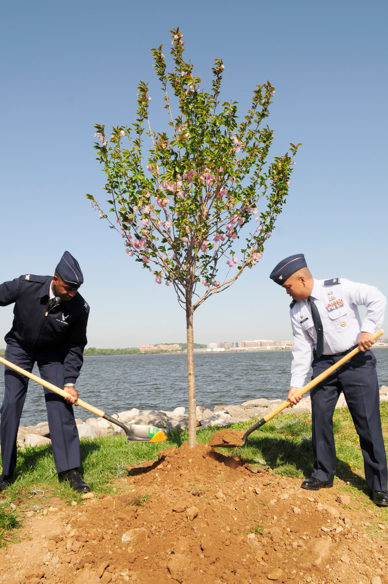 Col. Cedric George, 11th Wing commander, and Col. Roy-Alan Agustin, 11th Mission Support Group commander, plant a tree April 19 at the Bolling Capital Cove Marina as one of several Earth Day events held on Bolling. Other events include the 22nd Annual Potomac Watershed Cleanup, an open house at Child Development Center II, a green products display at the base exchange, commissary and Office Eagle, and a flower planting event at the Bolling Library. (U.S. Air Force photo by Staff Sgt. Raymond Mills)