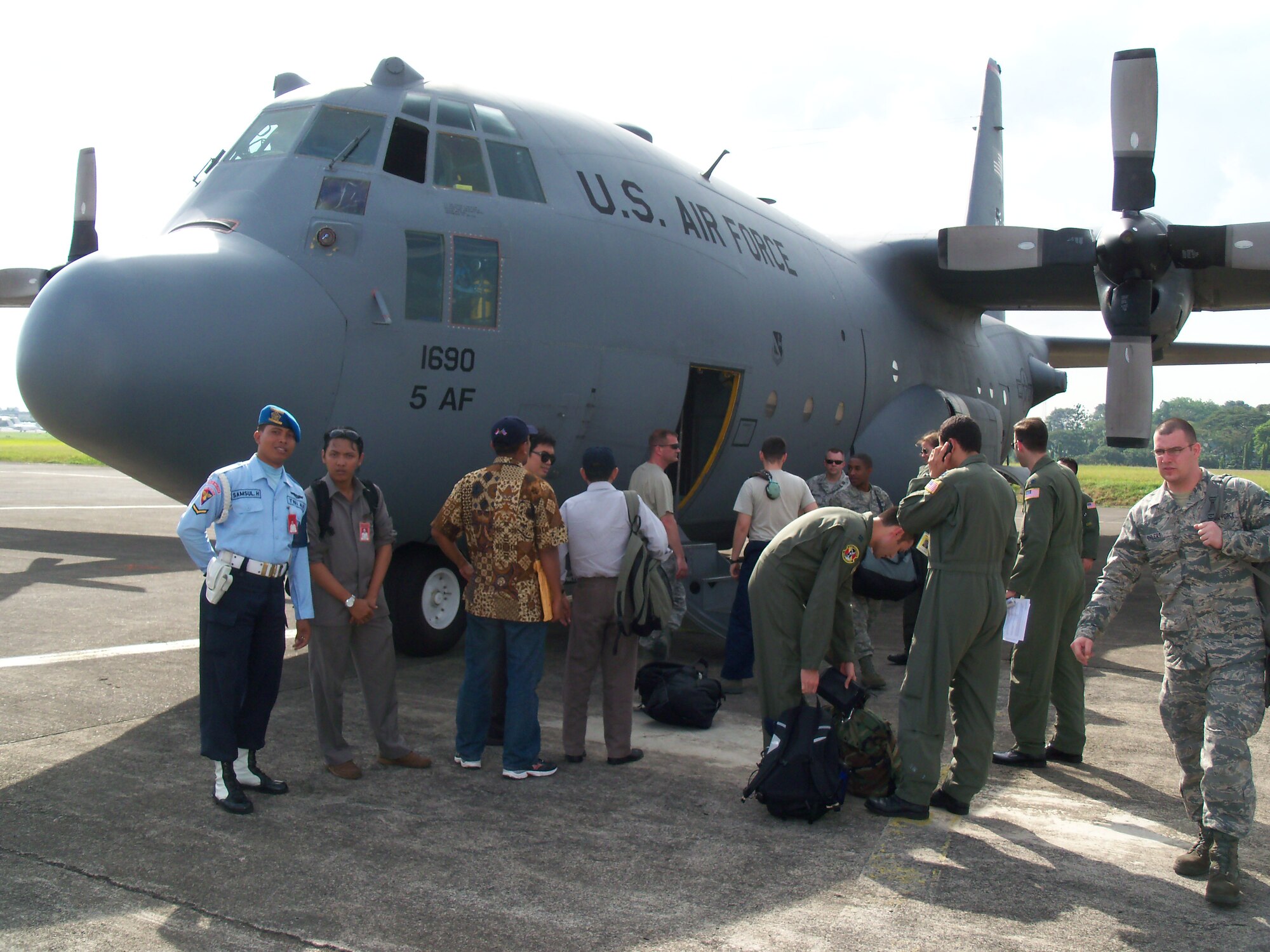 U.S. Air Force Airmen arrive at Halim Air Base, Indonesia, April 17, to participate in exercise Cope West 10 scheduled through April 23. Cope West is a Pacific Air Forces- sponsored bilateral tactical airlift exercise involving the U.S. and Indonesian Air Forces.  The exercise is designed to advance interoperability between the U.S. and Indonesian Air Forces, and promote cooperation and unity of purpose. (U.S. Air Force photo/ Lt. John Harden) 