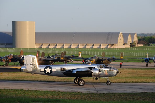 DAYTON, Ohio -- Vintage B-25 Mitchell aircraft arrive at the National Museum of the U.S. Air Force at Wright Patterson Air Force Base, Ohio, on April 17, 2010. This year plans call for 17 B-25 bombers to take part in a two-day tribute commemorating the 75th Anniversary of the Doolittle Tokyo Raid (weather dependent). (U.S. Air Force photo/Tech. Sgt. Jacob N. Bailey)
