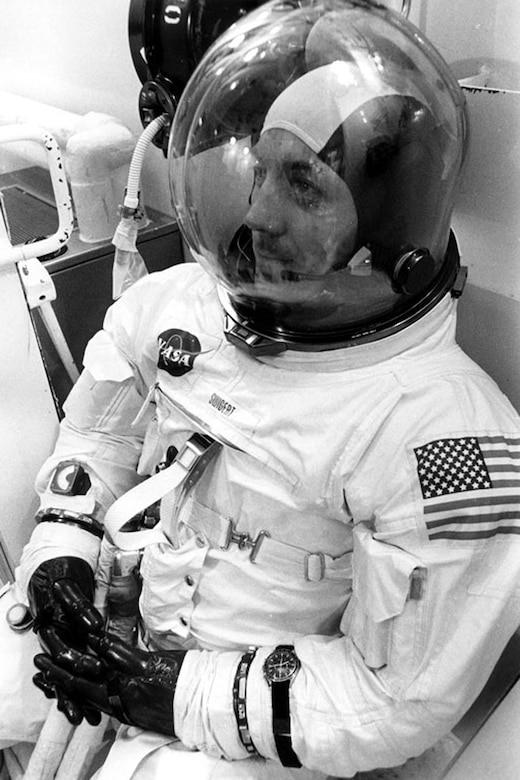 Astronaut John L. "Jack" Swigert, Jr., is shown suited-up for the Apollo 13 mission.  (NASA photo)