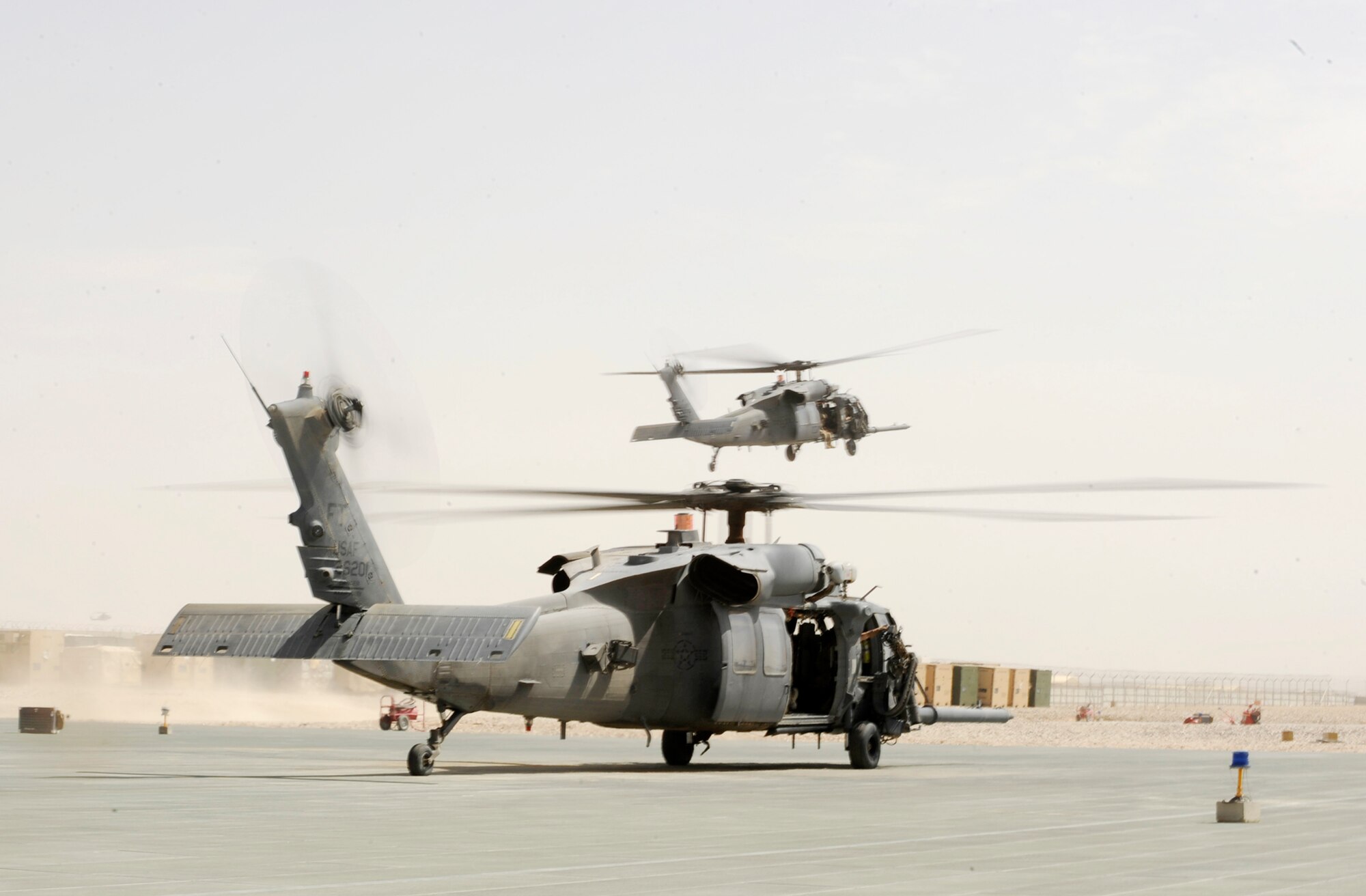 An HH-60 Pave Hawk aircrew and pararescuemen assigned to the 41st Expeditionary Rescue Squadron return from an alert-call mission April 16, 2010, at Camp Bastion, Afghanistan. (U.S. Air Force photo/Staff Sgt. Manuel J. Martinez)