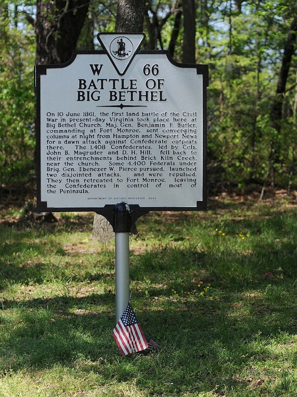 LANGLEY AIR FORCE BASE, Va. -- A historical sign commemorating the Battle of Big Bethel is shown at Bethel Park April 15. The Battle of Big Bethel was the first land battle of the Civil War in Virginia and a major victory for the Confederate Army. (U.S. Air Force photo/Airman Rebecca Montez)