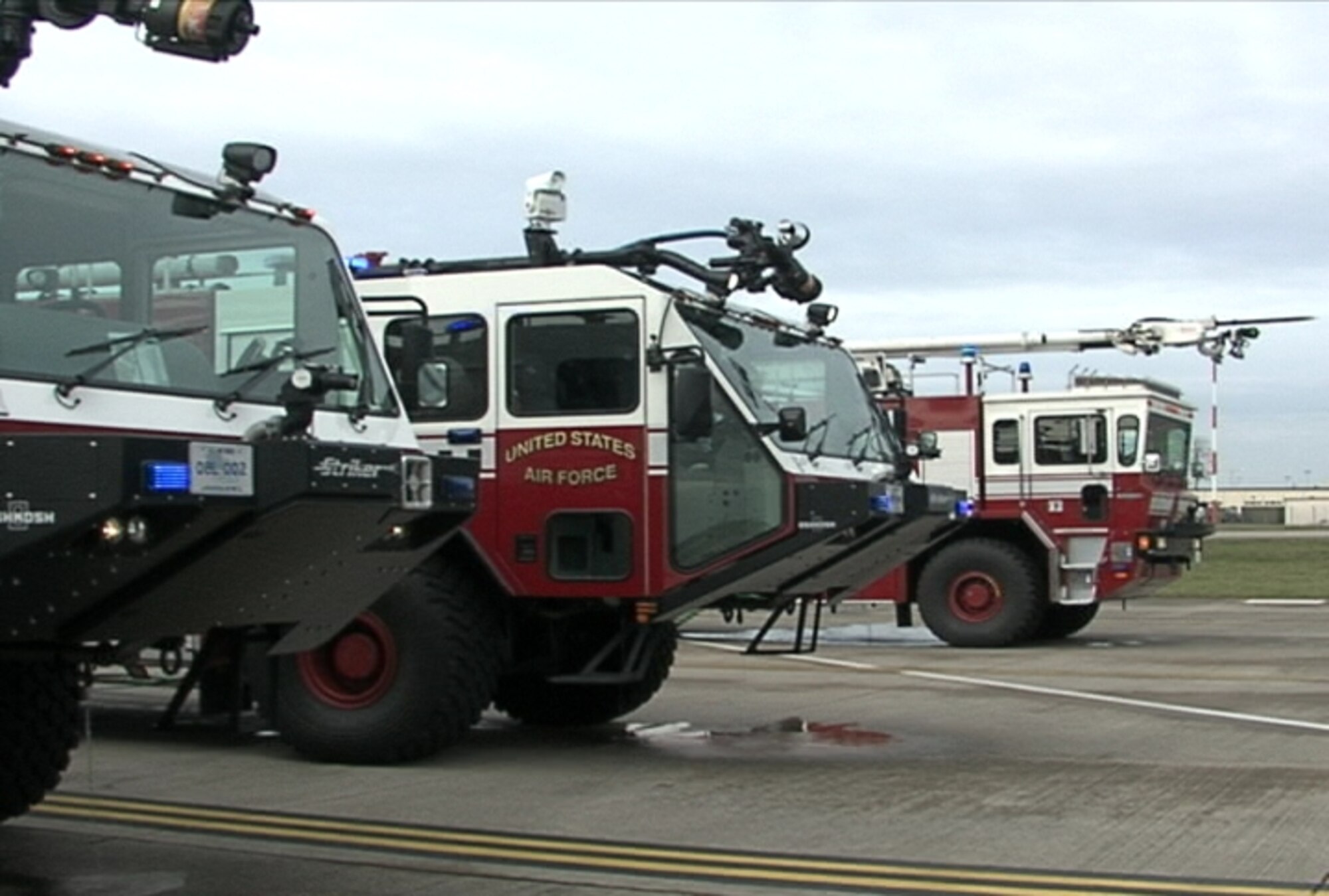 The 100th Civil Engineer Squadron Fire Department provides an emergency response demonstration for 351st Air Refueling Squadron pilots here. The demonstration provided the pilots with an inside look at how a real emergency would be dealt with, while satisfying a training requirement. (U.S. Air Force screen capture/Master Sgt. Ron Flack)