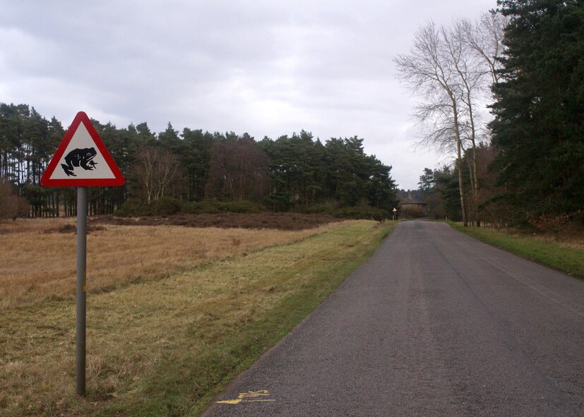 WEST STOW, England -- In Suffolk, a sign warning motorists of toads crossing the road is erected near  West Stow country Park where they head to their breeding site. (U.S. Air Force photo/Judith Wakelam)       