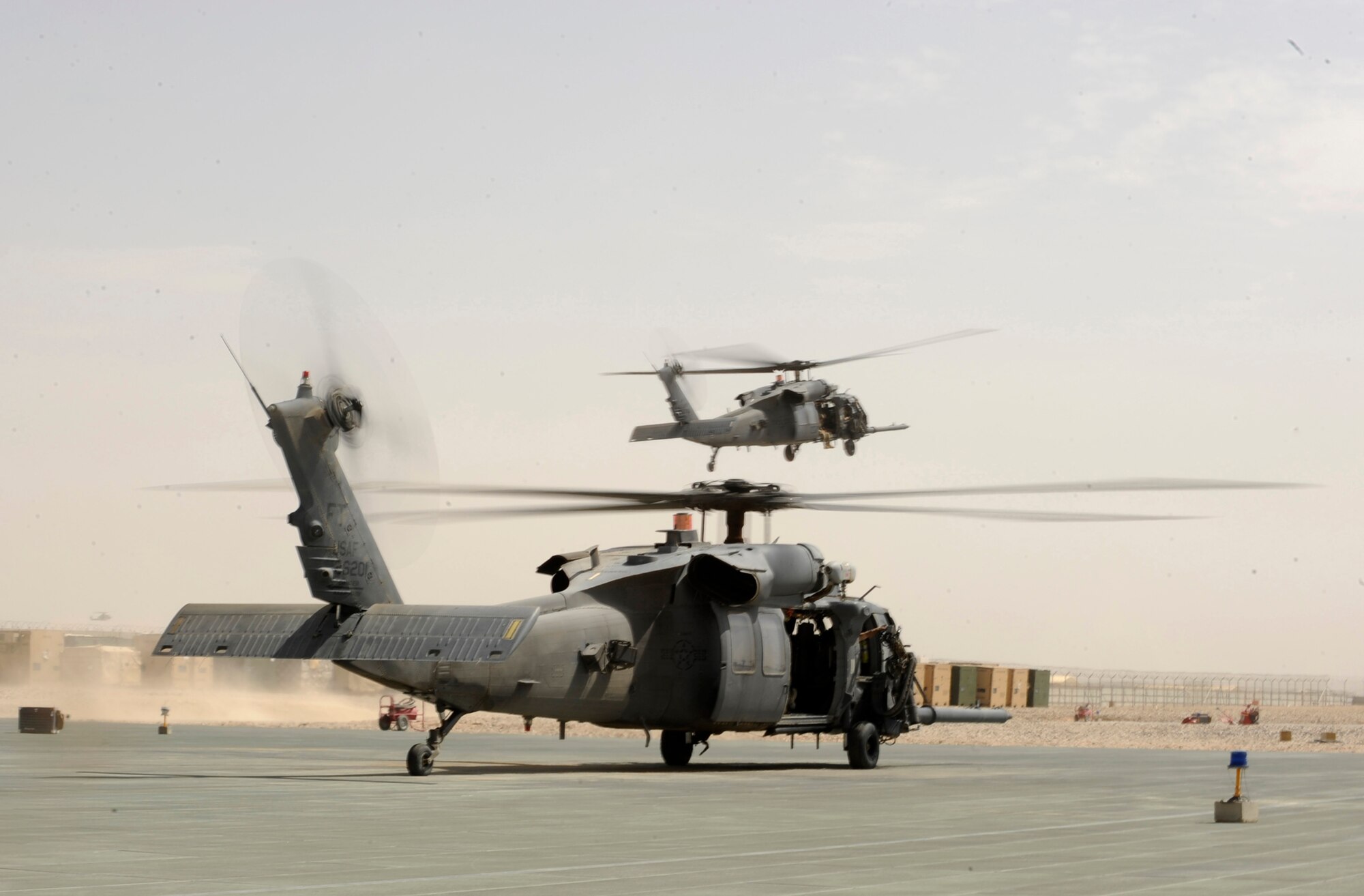 An HH-60G Pave Hawk aircrew and pararescuemen assigned to the 41st Expeditionary Rescue Squadron, return from an alert-call mission, April, 16, 2010, at Camp Bastion, Afghanistan. (U.S. Air Force photo/Staff Sgt. Manuel J. Martinez/released)
