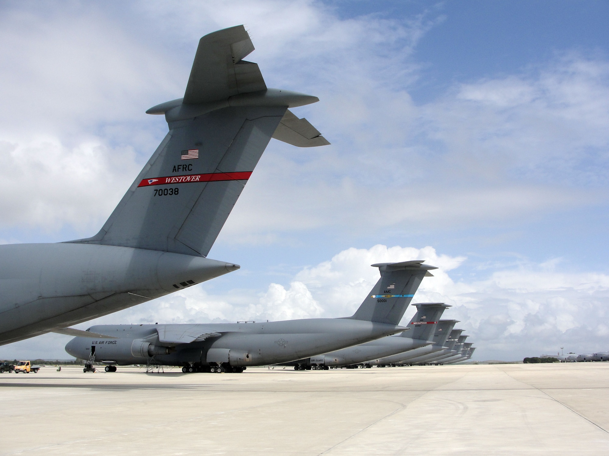 Air Mobility Command C-5’s sit on the flight line at Naval Station Rota, Spain, April 17. Rota and Moron Air Base, Spain, absorbed many U.S. military flights that were diverted from Northern European Routes due to the airspace closure caused by ash being spewed from the Iceland volcanic eruption.  Rota typically averages about eight to 13 flights a day but saw double that amount over the weekend.  Moron, which is about an hours drive north of NAVSTA Rota, averages one or two flights a day.  Over the weekend, it had about 10 times that amount.  (U.S. Air Force photo by Master Sgt. Keith Meyers)