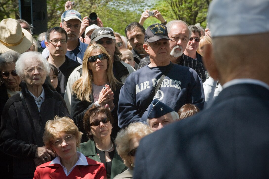 Lt, Col. Richard Cole (right) addresses the visitors attending the memorial service during the 68th reunion of the Doolittle Raiders. This event is being held at the National Museum of the U.S. Air Force at Wright-Patterson Air Force Base, Ohio on April 18, 2010. Three of the remaining eight surviving Doolittle Raiders attended this service. Thousands of people came to the museum to meet the Raiders in attendance.  (U.S. Air Force photo/Lance Cheung)