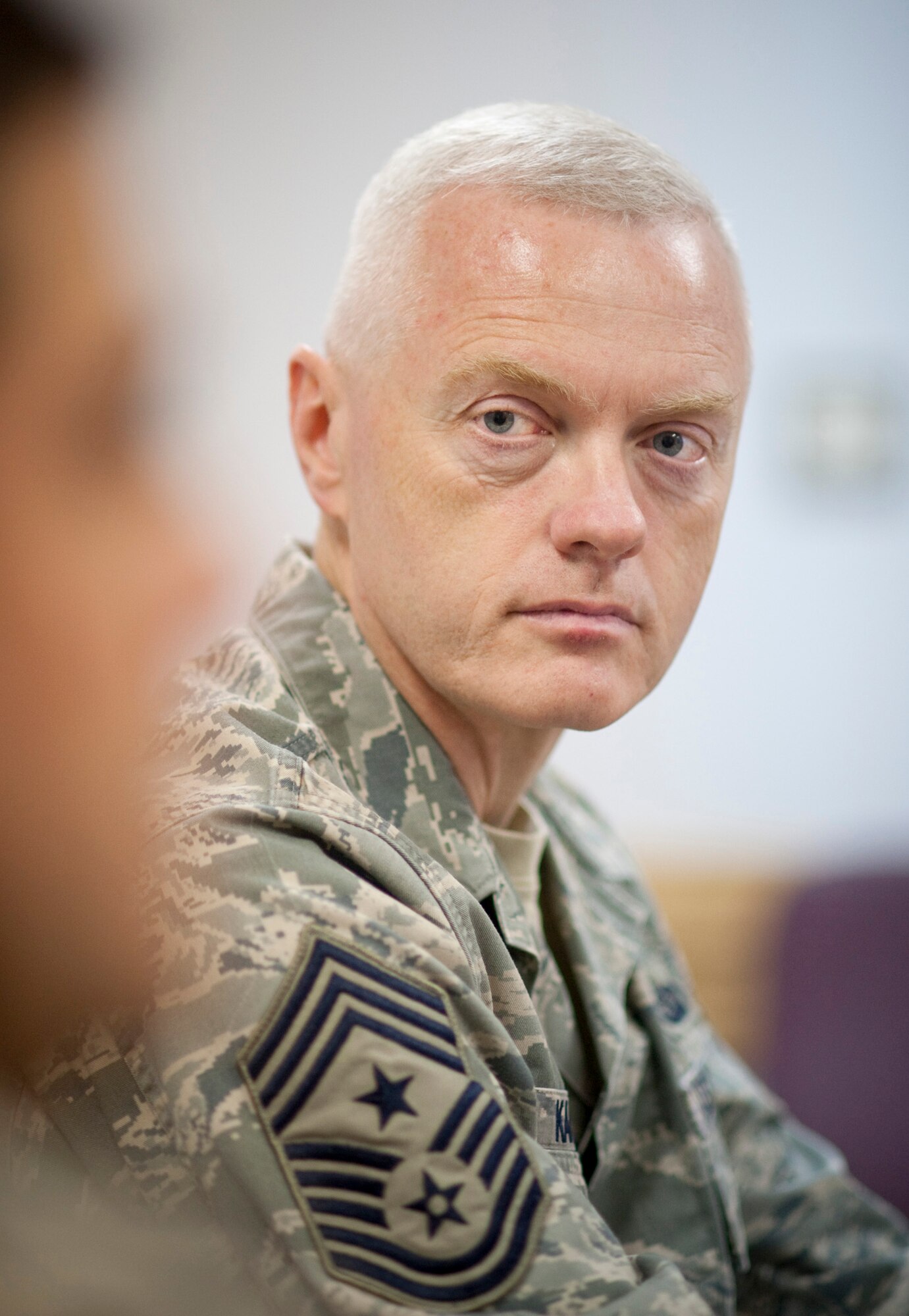 MISAWA AIR BASE, Japan -- Chief Master Sgt. Richard Kaiser, 5th Air Force command chief master sergeant, listens to concerns presented by the 35th Medical Group leadership during a visit to hospital April 21. Col. Guillermo Tellez, 35th MDG commander, and his staff talked about the unique challenges and benefits of working at a remote base interacting with local Japanese hospitals. (U.S. Air Force photo/Staff Sgt. Samuel Morse)