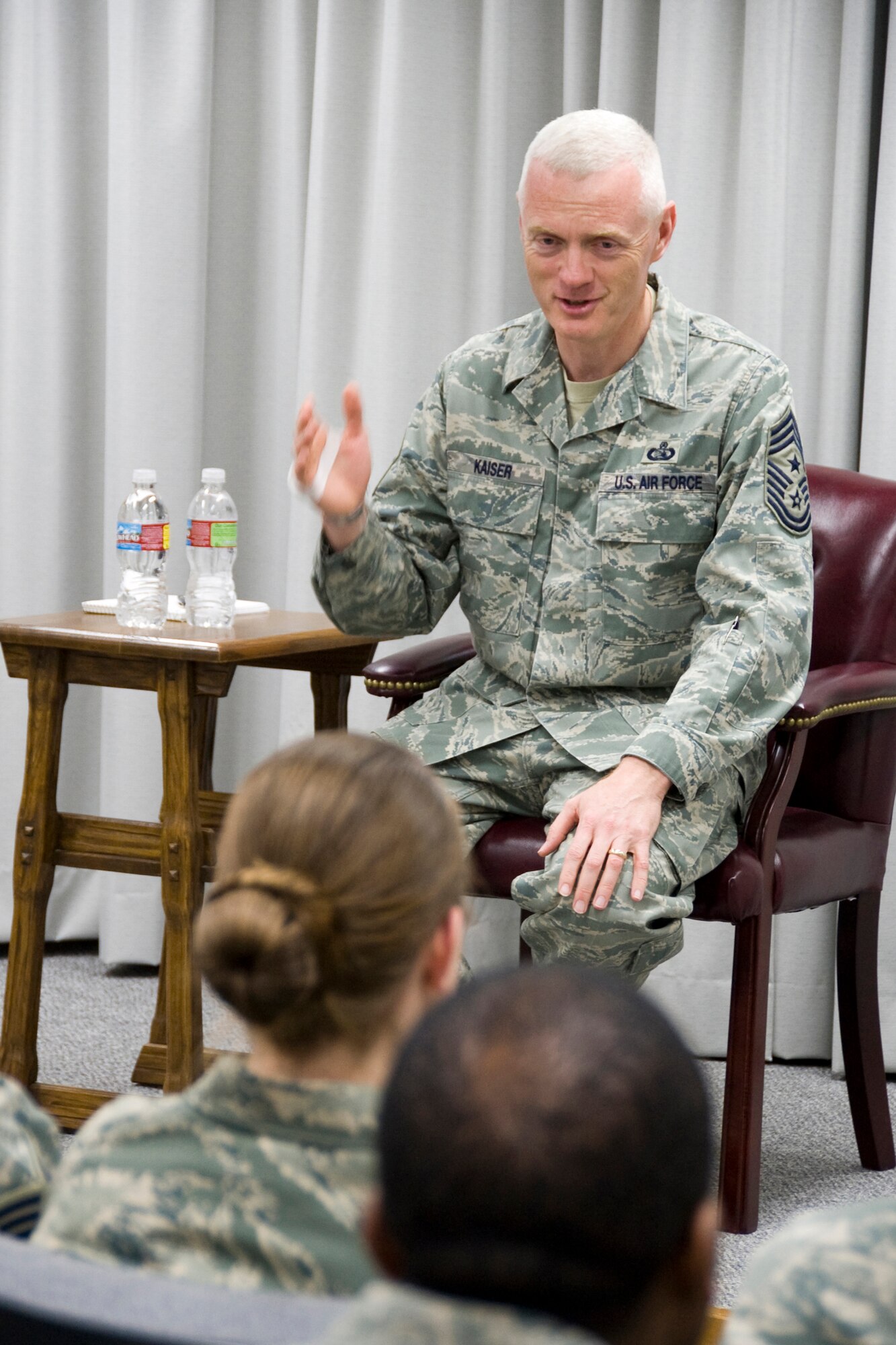 MISAWA AIR BASE, Japan -- Chief Master Sgt. Richard Kaiser, 5th Air Force command chief master sergeant, addresses an Airman Leadership School class April 20 at the ALS facility. During his time there, Chief Kaiser spoke about the importance ALS plays in the careers of young Airmen and answered questions. (U.S. Air Force photo/Senior Airman Jamal D. Sutter)