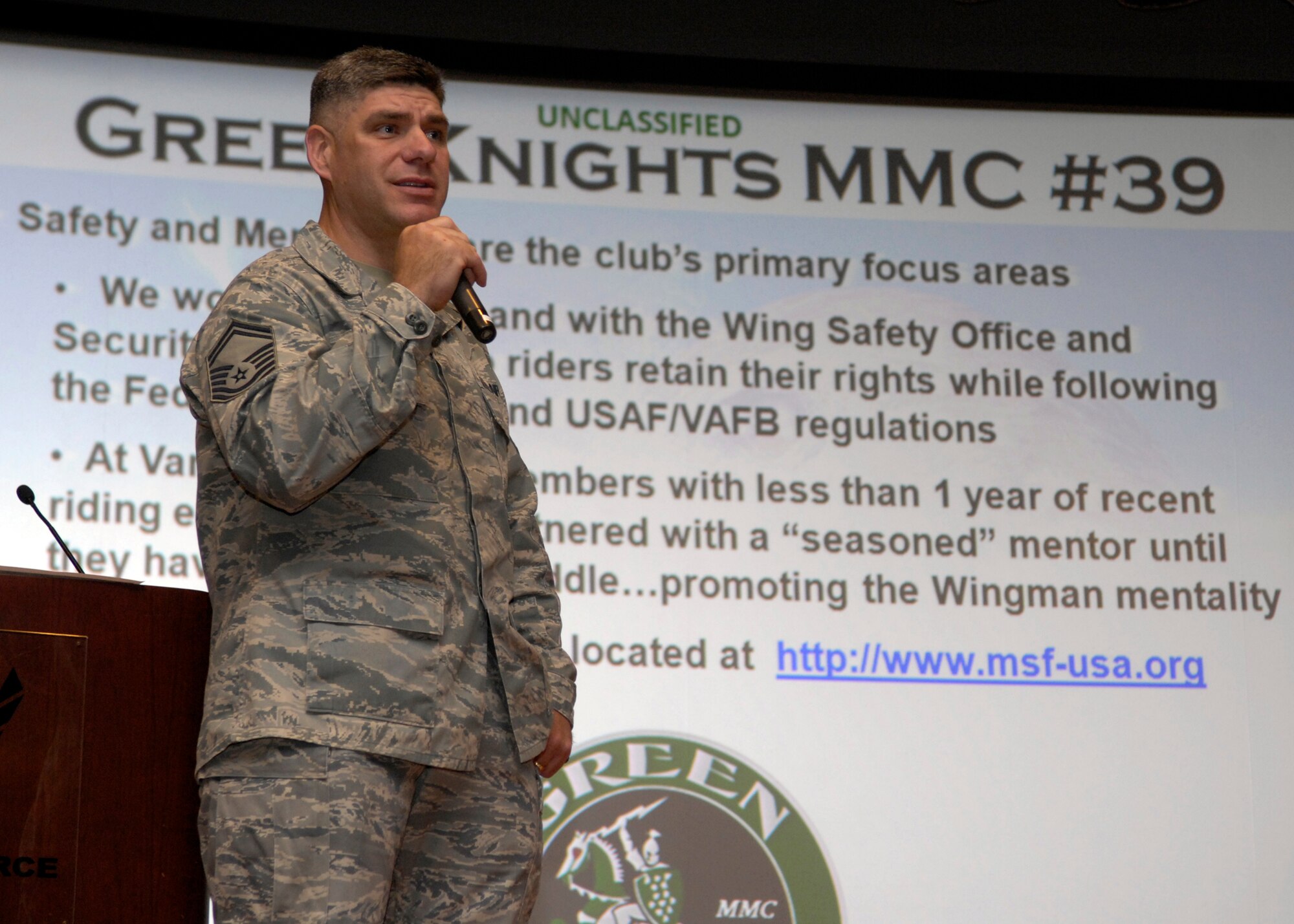 VANDENBERG AIR FORCE BASE, Calif. – President of the Green Knights Military Motorcyclist Club, Senior Master Sgt. David Allen, of the 576th Flight Test Squadron, speaks to motorcyclists about the club’s standards and policies during the motorcycle all call at the base theater here Wednesday, April 21, 2010. The Green Knights is a club that mentors Airmen motorcyclists on base. (U.S. Air Force photo/Airman 1st Class Lael Huss)
