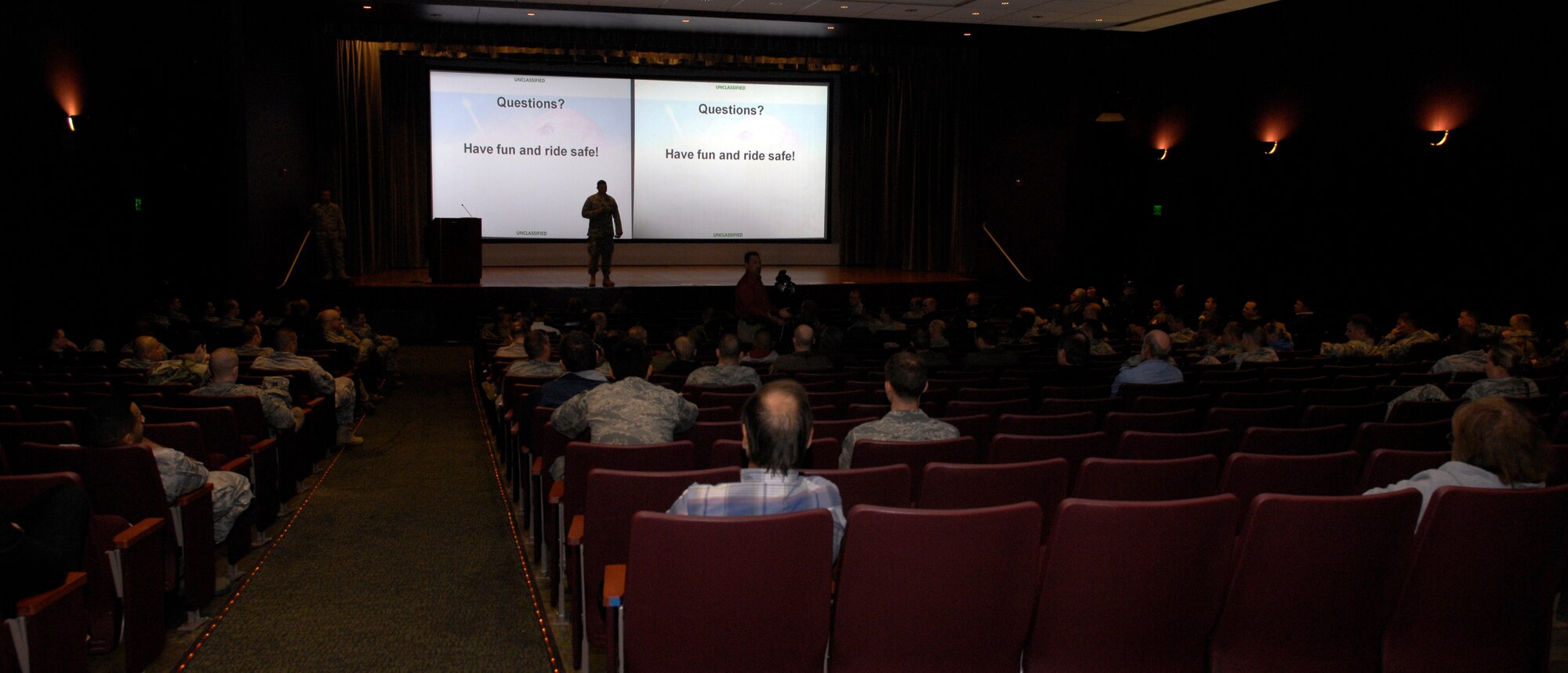 VANDENBERG AIR FORCE BASE, Calif. – Team V’s motorcyclists attended the motorcycle all call at the base theater here Wednesday, April 21, 2010. An assembly was held to inform motorcyclists about safety measures and policies being implemented here. (U.S. Air Force photo/Airman 1st Class Lael Huss)