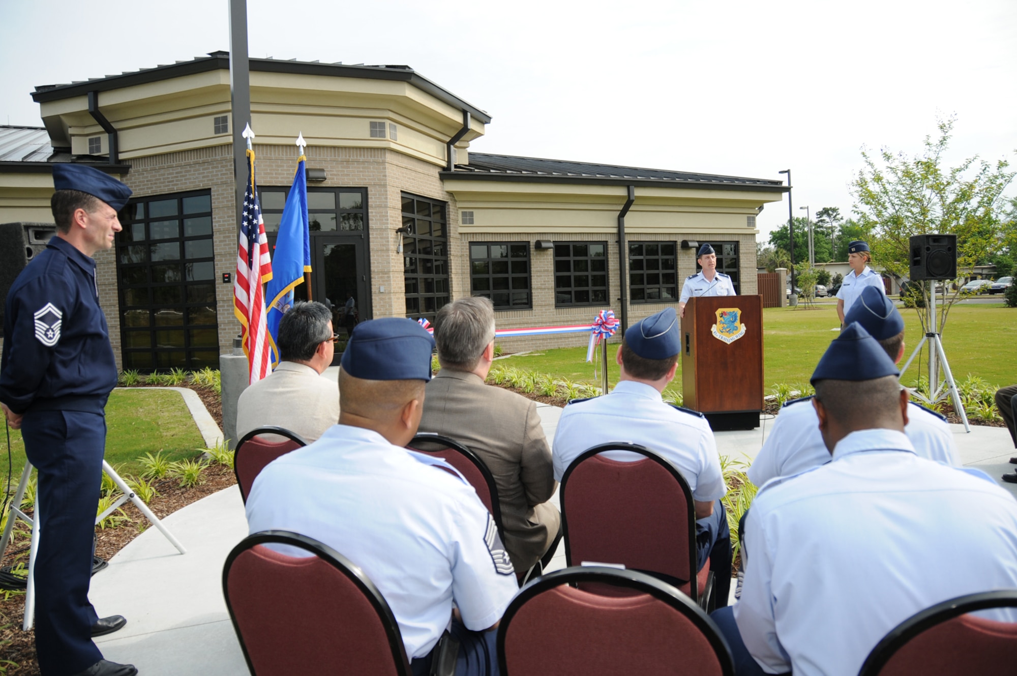 Col. Chris Valle, 81st Training Wing vice commander, speaks at the ribbon-cutting ceremony for the base’s new postal service center Monday. The $3.3 million facility on Meadows Drive replaces a wooden structure built in 1941 that had termite problems and major flood and roof damage from Hurricane Katrina.  (U.S. Air Force photo by Kemberly Groue)