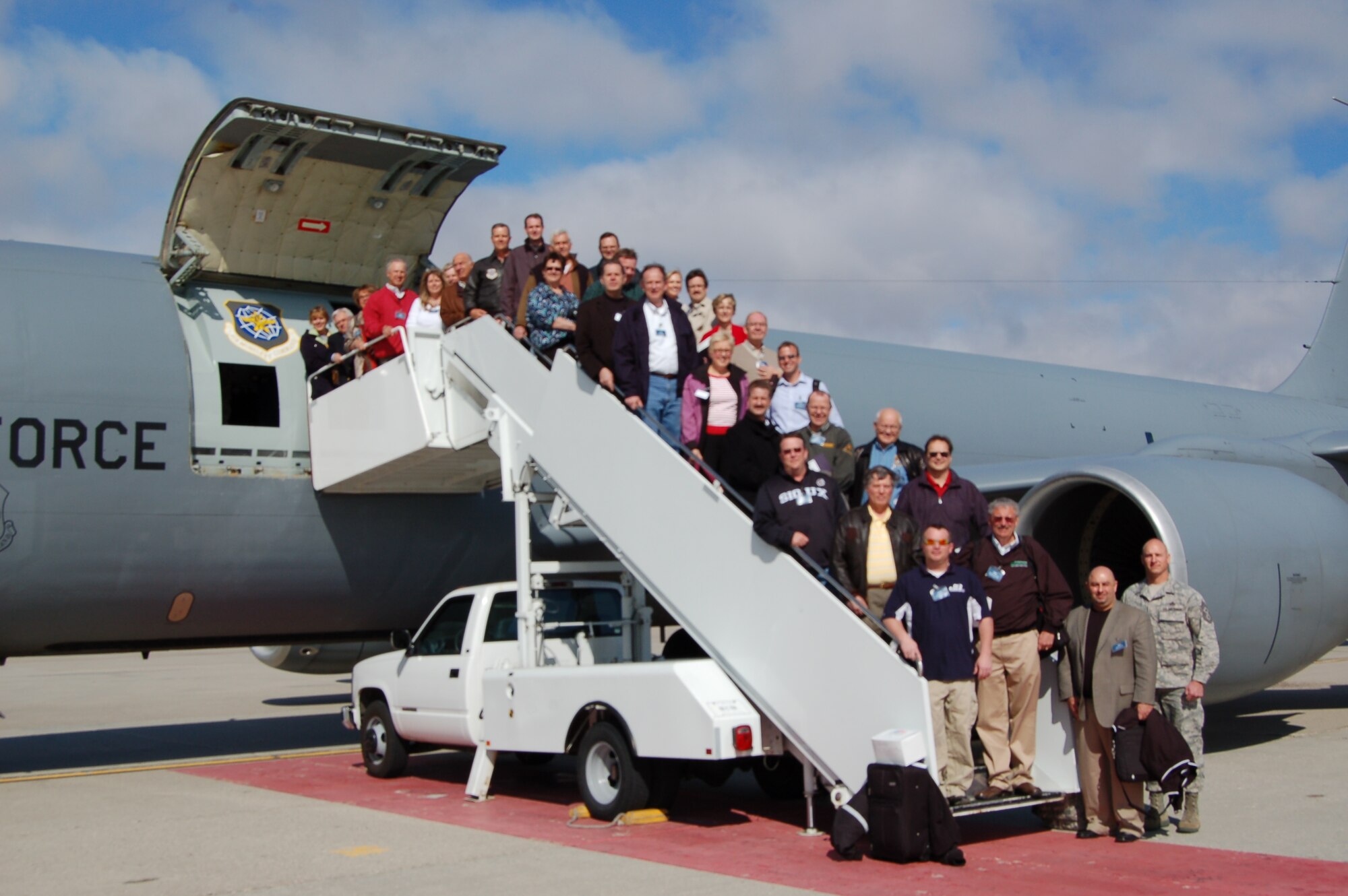 Twenty-seven civic leaders from Grand Forks board a KC-135 April 15 and 16 at Grand Forks Air Force Base during a civic leader’s tour to Beale AFB, Calif. The tour was a chance for the civic leaders to learn about the capabilities, relevancy and importance of UAS operations within the Air Force.
