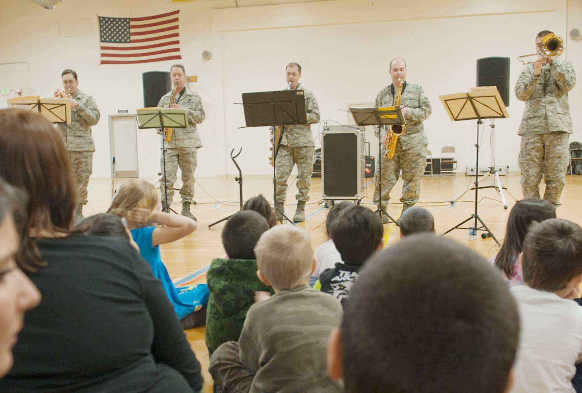 Members of the Pacific Air Forces Northern Lights brass ensemble perform for students April 20, 2010, in Kotzebue, Alaska. (U.S. Air Force photo/Senior Airman Christopher Griffin)