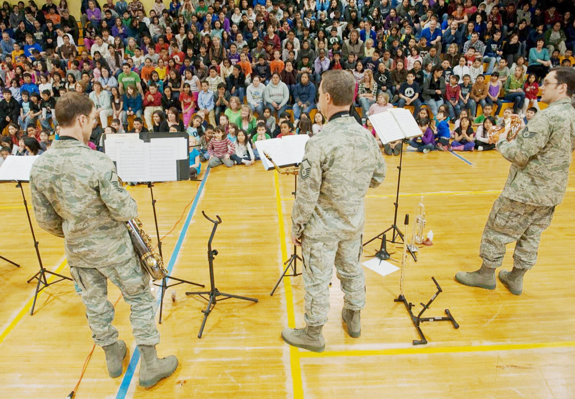 Members of the Pacific Air Forces Northern Lights brass ensemble introduce themselves to elementary and high school students April 20, 2010, in Kotzebue, Alaska. (U.S. Air Force photo/Senior Airman Christopher Griffin)