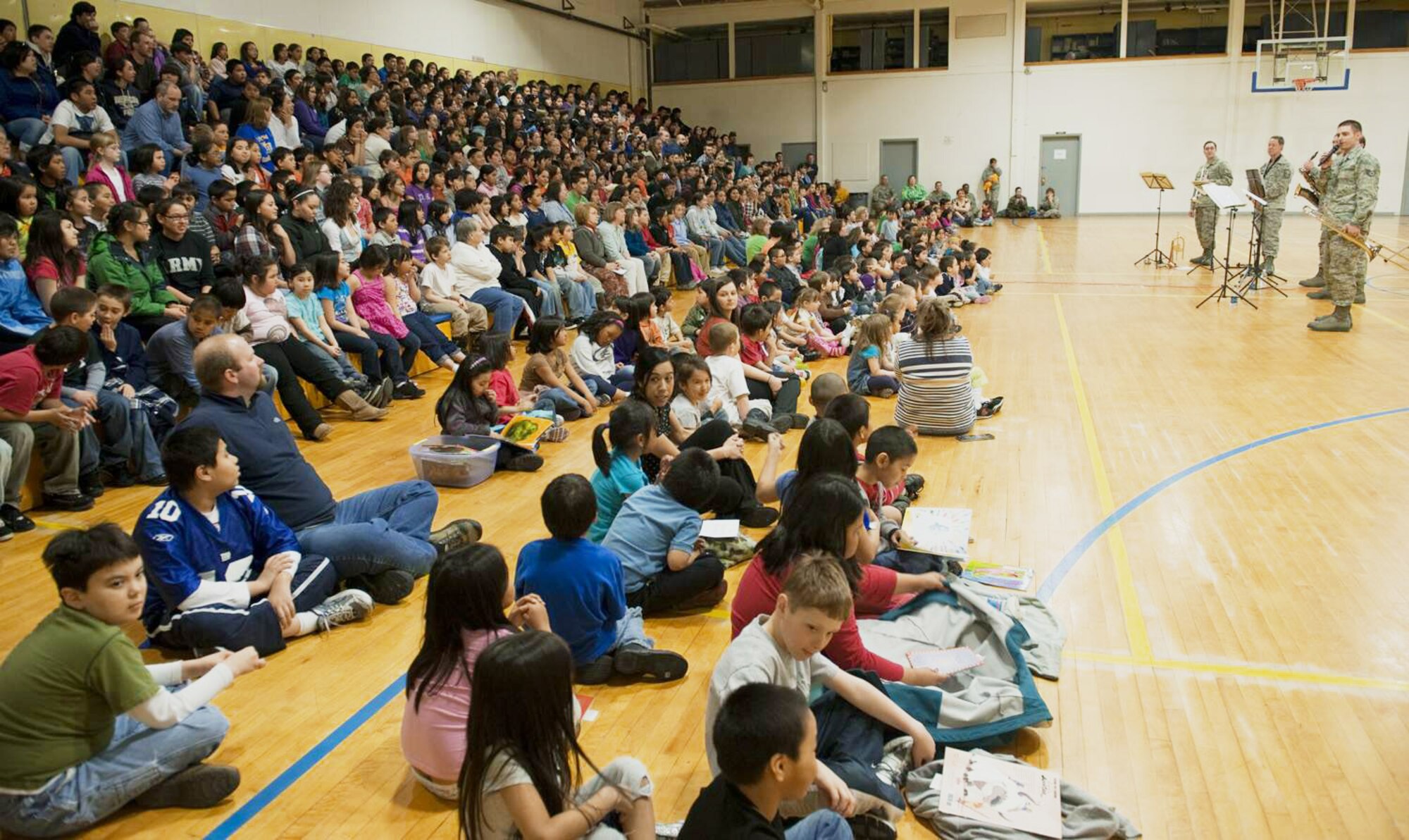 Members of the Pacific Air Forces Northern Lights brass ensemble introduce themselves to elementary and high school students April 20, 2010, in Kotzebue, Alaska. (U.S. Air Force photo/Senior Airman Christopher Griffin)