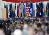 MINOT AIR FORCE BASE, N.D. -- Gen. Kevin P. Chilton, United States Strategic Command commander, visits with members of the 5th Bomb Wing and 91st Missile Wing during an all call here April 20. General Chilton’s visit was one of encouragement to the men and women of Minot AFB and to personally thank them for the sacrifices made every day in the defense of this nation. (U.S. Air Force photo by Staff Sgt. Keith Ballard)
