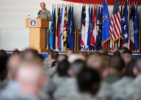 MINOT AIR FORCE BASE, N.D. -- Gen. Kevin P. Chilton, United States Strategic Command commander, visits with members of the 5th Bomb Wing and 91st Missile Wing during an all call here April 20. General Chilton’s visit was one of encouragement to the men and women of Minot AFB and to personally thank them for the sacrifices made every day in the defense of this nation. (U.S. Air Force photo by Staff Sgt. Keith Ballard)