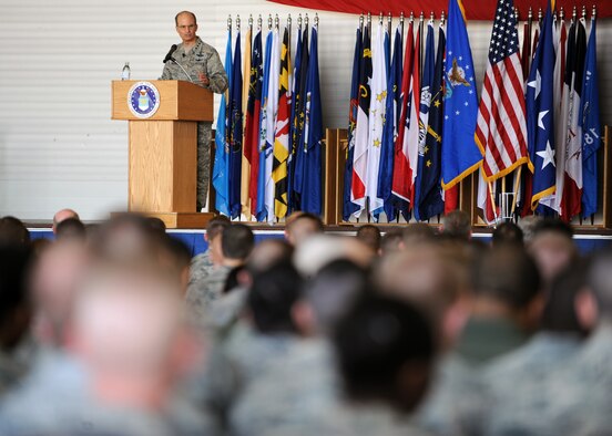 MINOT AIR FORCE BASE, N.D. -- Gen. Kevin P. Chilton, United States Strategic Command commander, visits with members of the 5th Bomb Wing and 91st Missile Wing during an all call here April 20. General Chilton’s visit was one of encouragement to the men and women of Minot AFB and to personally thank them for the sacrifices made every day in the defense of this nation. (U.S. Air Force photo by Staff Sgt. Keith Ballard)
