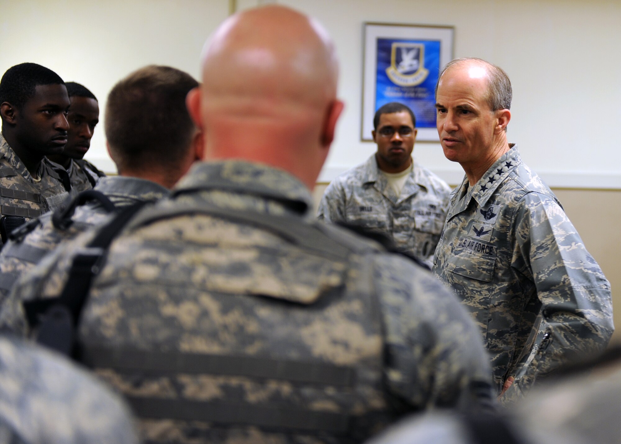 MINOT AIR FORCE BASE, N.D. -- Gen. Kevin P. Chilton, United States Strategic Command commander, visits with members of the 91st Security Forces Group during a guard mount here April 20. General Chilton’s visit was one of encouragement to the men and women of Minot AFB and to personally thank them for the sacrifices made every day in the defense of this nation. (U.S. Air Force photo by Staff Sgt. Keith Ballard)