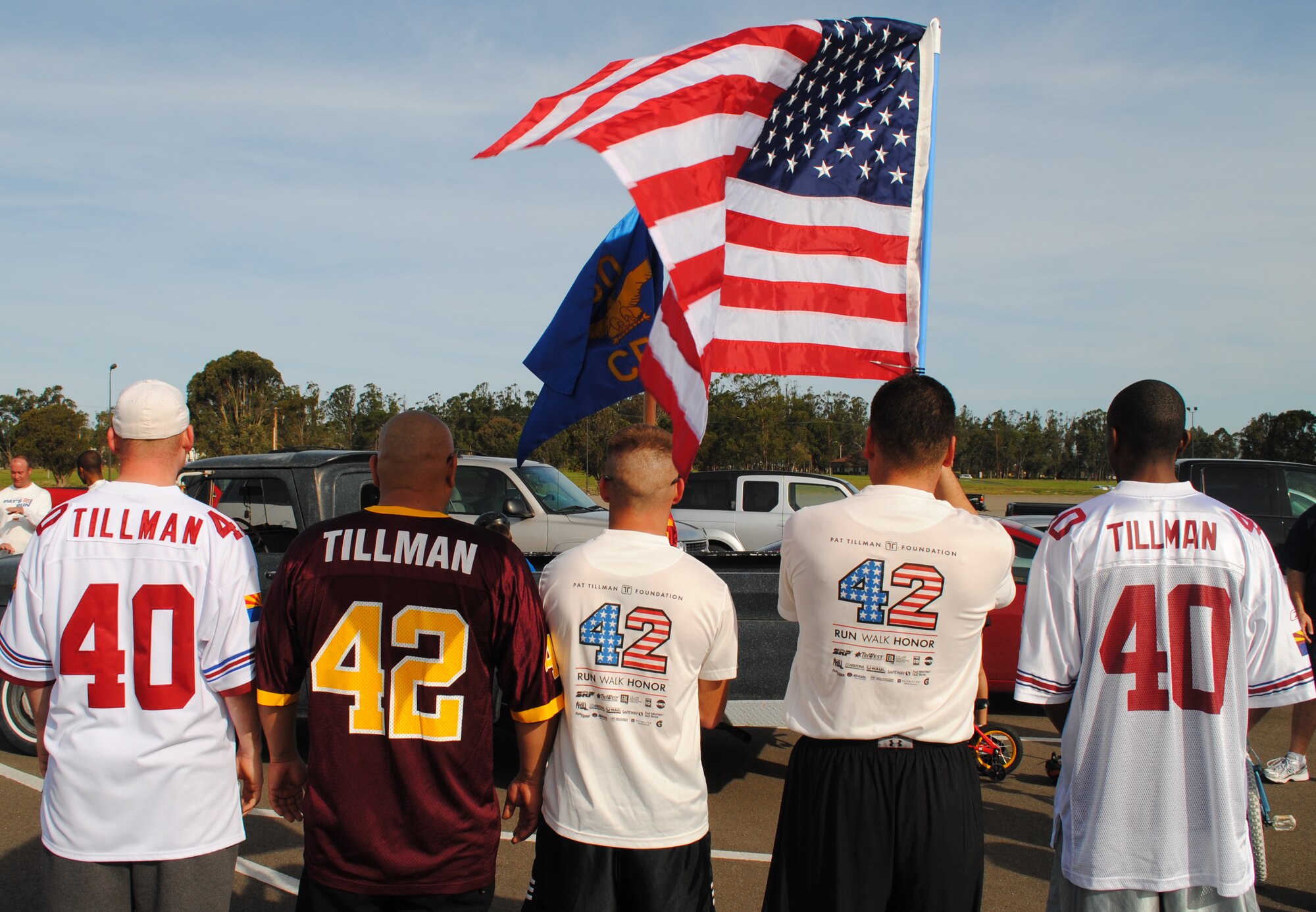 VANDENBERG AIR FORCE BASE, Calif. – Members of the 30th Civil Engineer Squadron here participated in a squadron-organized run to raise funds for the Pat Tillman Foundation here April 17. Airmen from the 30th CES ran a 4.2 mile course around Vandenberg in honor of the fallen servicemember Cpl. Pat Tillman (mileage was symbolic of Pat Tillman’s Arizona State University football jersey number – 42). (U.S. Air Force photo/Tech. Sgt. Herman Ybarra)