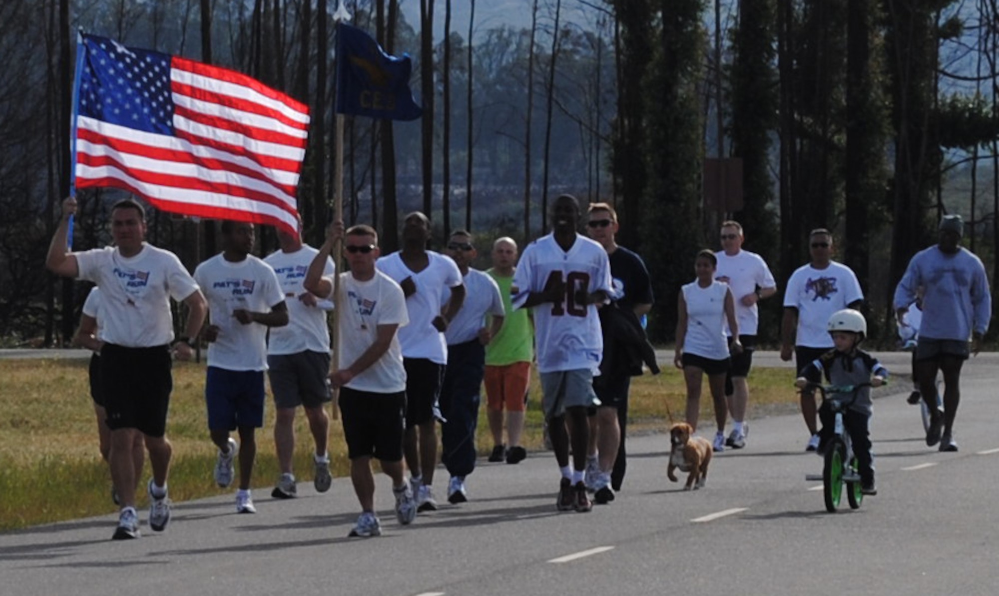VANDENBERG AIR FORCE BASE, Calif. – Members of the 30th Civil Engineer Squadron here participated in a squadron-organized run to raise funds for the Pat Tillman Foundation here April 17. Airmen from the 30th CES ran a 4.2 mile course around Vandenberg in honor of the fallen servicemember Cpl. Pat Tillman (mileage was symbolic of Pat Tillman’s Arizona State University football jersey number – 42). (U.S. Air Force photo/Tech. Sgt. Herman Ybarra)