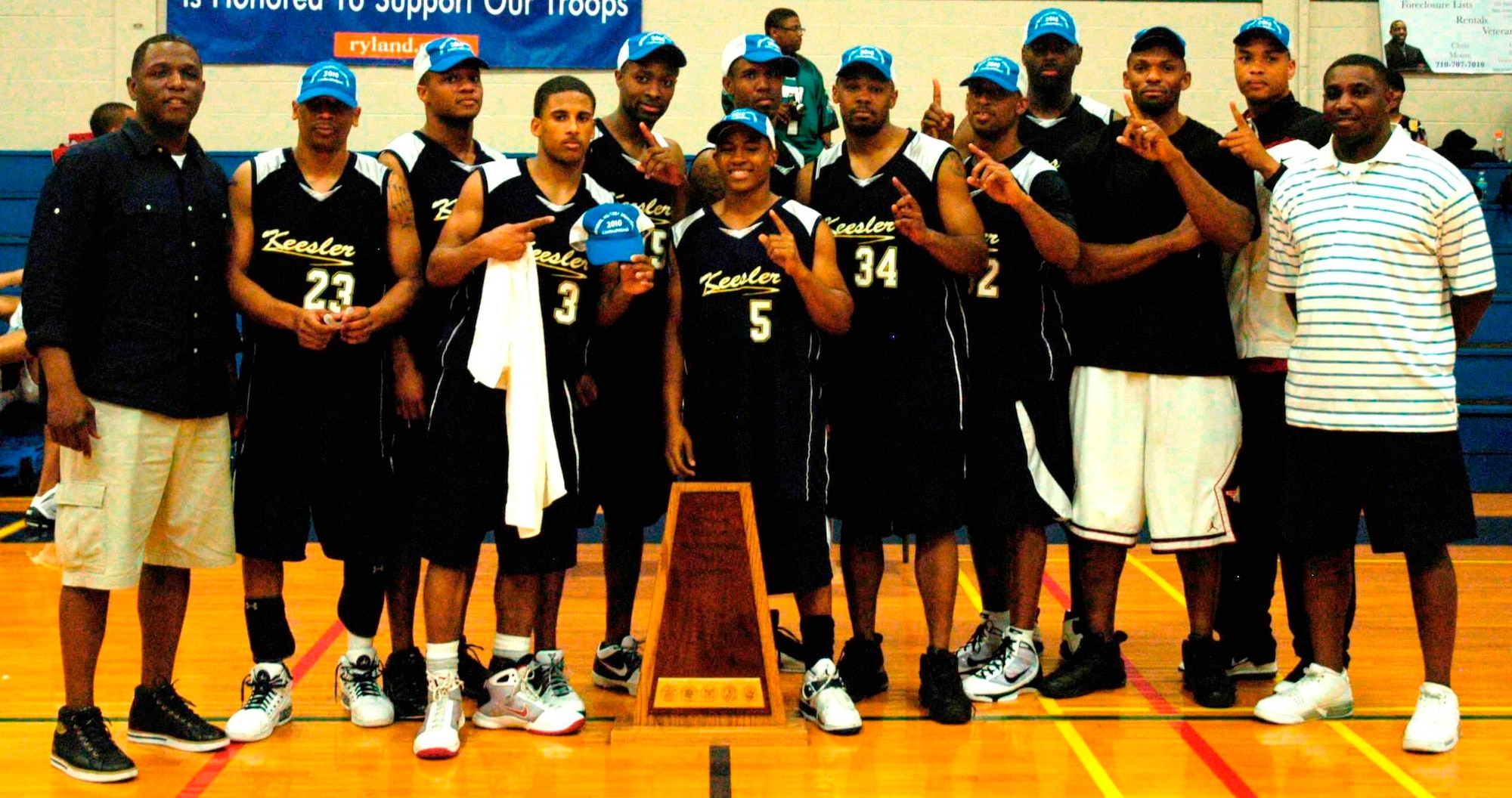 The Keesler Dragons won the National Military Athletic Association men's basketball championship. Several Keesler players were unable to make the trip, so five players from other Southeastern Military Athletic Conference teams supplemented the roster.  In addition to Coach Jesse Harris, 81st Inpatient Operations Squadron, the team included assistant coach Stephen Harris (336th Training Squadron), guards Kenneth Dukes (81st Communications Squadron) and Lester Marshall (81st Diagnostics and Therapeutics Squadron) and Drevell Herron and Wendell Thibeaux (Eglin Air Force Base, Fla.); guards/forwards Sherrod Brown (81st Mission Support Group) and Ollie Bradley and Larry Haynes (Maxwell AFB, Ala.); forwards/centers Ryan Vaught (Eglin) and Alvin Holmes (81st Surgical Operations Squadron) and James Mathews (a Navy weather student at Keesler’s Center for Naval Aviation Technical Training Unit.)  (Courtesy photo)