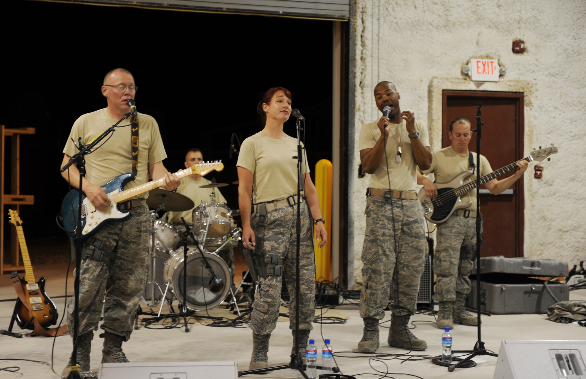 The U.S. Air Forces Central Band, Reserve Generation, perform at Bagram Airfield, Afghanistan, April 17, 2010, as part of a two-month tour of Southwest Asia. The band is deployed from Robins Air Force Base, Ga.  (U.S. Air Force photo by/ Staff Sgt. Richard Williams)