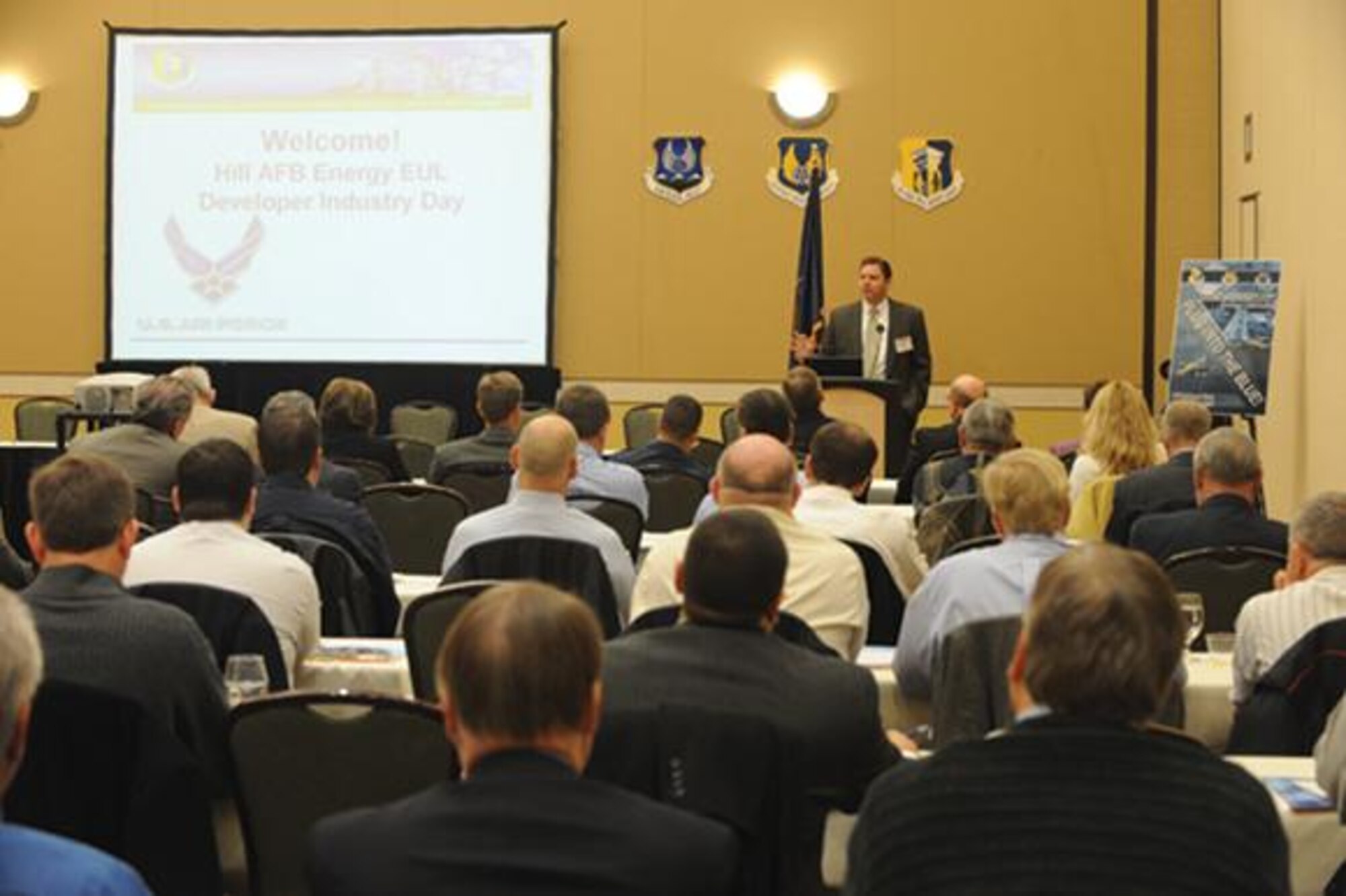 Air Force Real Property Agency Deputy Director Jeffrey Domm delivers opening remarks at Hill Industry Day. (U.S. Air Force photo/Alex R. Lloyd)