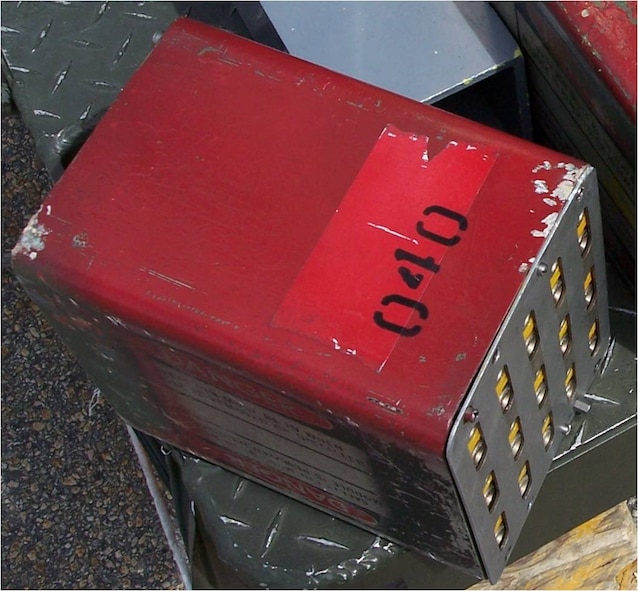 MOODY AIR FORCE BASE, Ga. -- A chaff module dropped from an A-10C Thunderbolt II aircraft assigned to the 23rd Fighter Group during an April 19 training flight. The chaff module is a metallic box that is approximately 6 inches long by 8 inches wide by 8 inches thick, and contains up to 30 bundles of chaff, which are square with plastic end caps. The metallic box will have an external U.S. Air Force marking. The aircraft landed safely at Moody but the dropped module is expected to be located between Moody, Lakeland, Dupont, Homerville and Pearson, Ga. If the chaff module is found, contact the 23rd Wing Command Post immediately at (229) 257-3501. (Courtesy photo/RELEASED)

