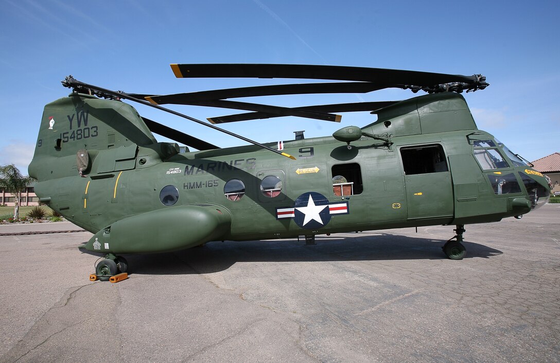 “Lady Ace 09,” a CH-46E “Sea Knight” helicopter at the Flying Leatherneck Aviation Museum, was repainted and remarked in March by Marine Medium Helicopter Squadron 165 airframes Marines. The restoration updated the helicopter to look as it did during the evacuation of the Vietnam ambassador during the fall of Saigon.