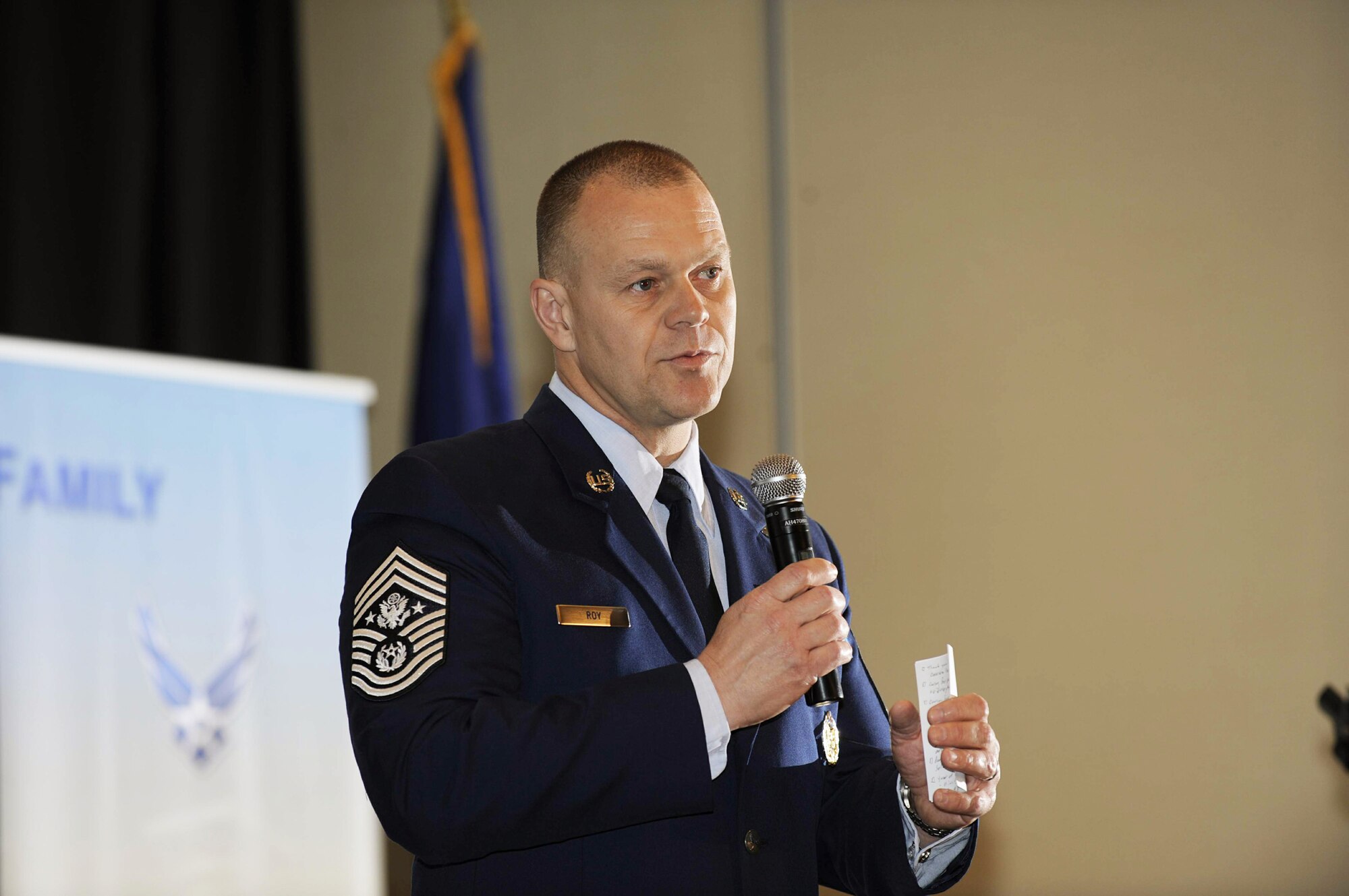 Chief Master Sergeant of the Air Force James Roy addresses attendees April 19 at the second annual Caring for People forum in Washington, D.C.  Approximately 250 active-duty, Guard and Reserve Airmen and civilians gathered for the second
annual forum to address issues such as deployments, schools and housing, health and wellness, the unique challenges for families with special needs, single Airmen, and Guard and Reserve members.  (U.S. Air Force photo/Andy Morataya)
